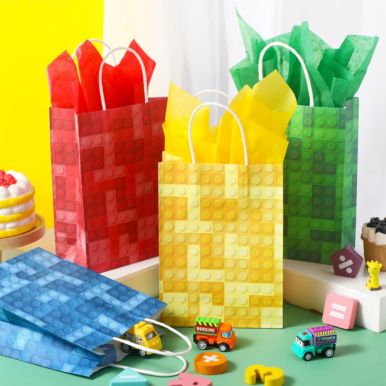 Pasimy 24 bolsas de recuerdos de fiesta de bloques de construcción con 24 piezas de ladrillos de papel de seda, bolsa de papel con tema de bloque a