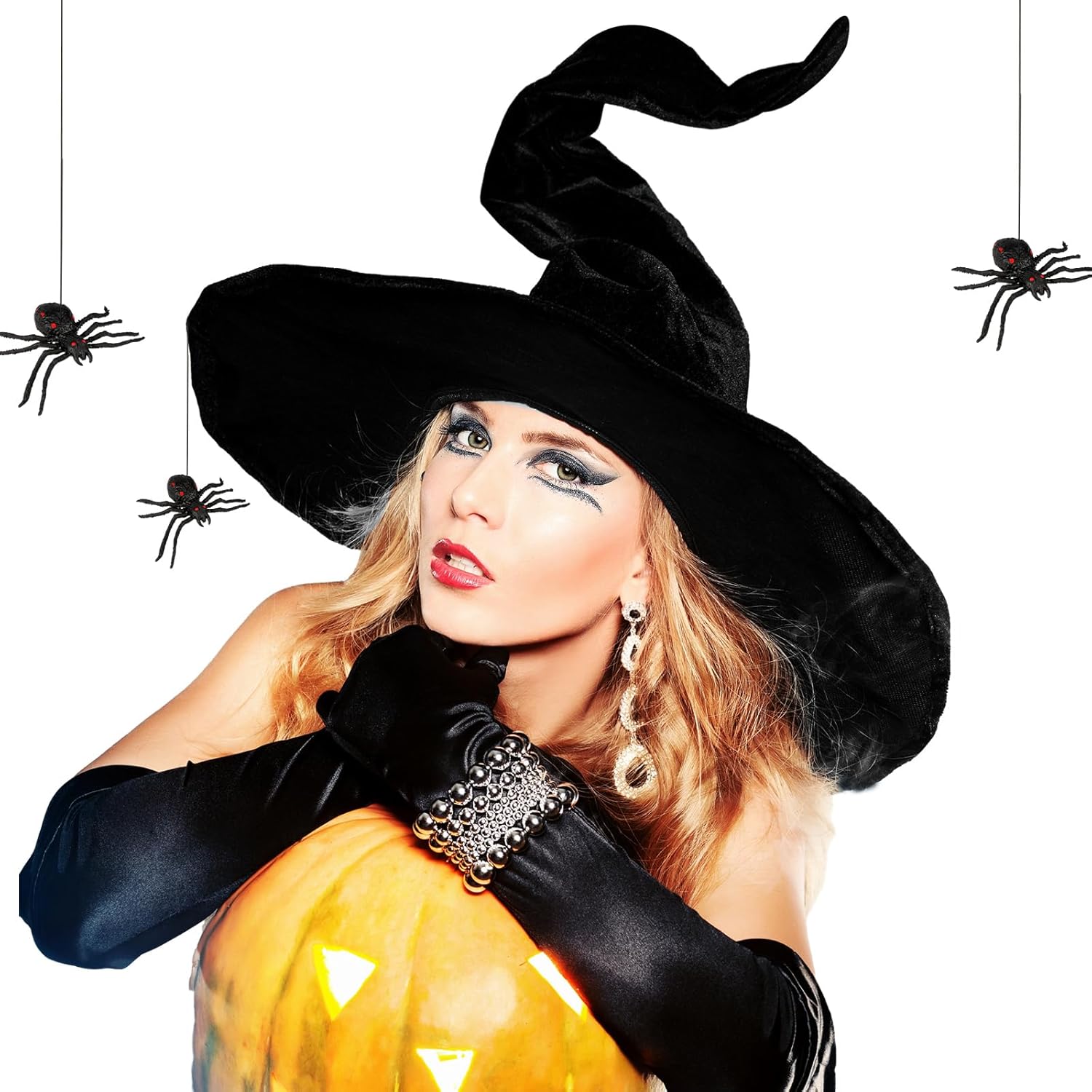 Geyoga Sombrero de bruja de araña de Halloween para mujer con 2 piezas de arañas negras de Halloween para fiesta de máscaras, cosplay, accesorio de