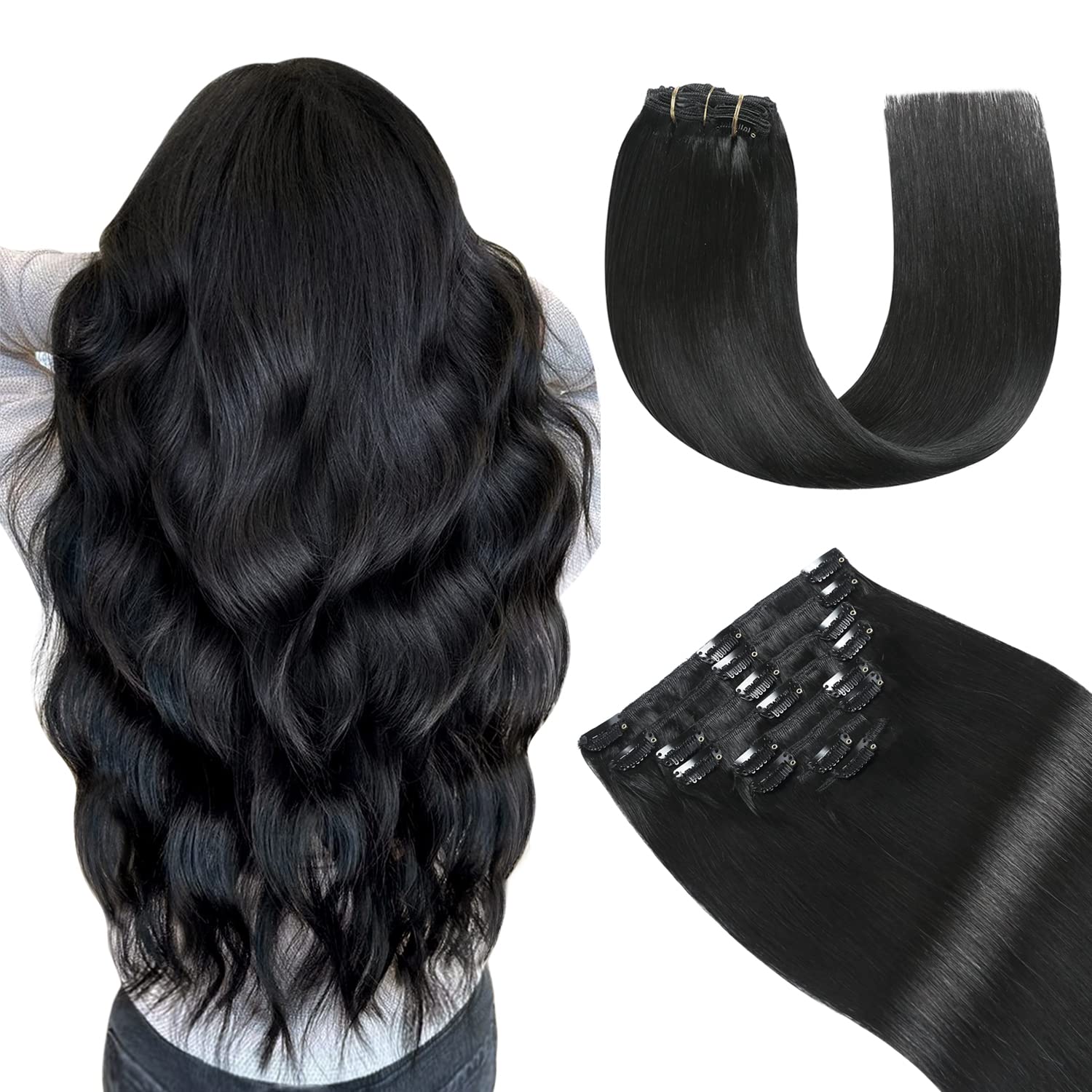 YILITE Extensiones de cabello con clip, color negro azabache, 100 % cabello humano real, 8 unidades por paquete, 3.53 oz, extensiones de cabello
