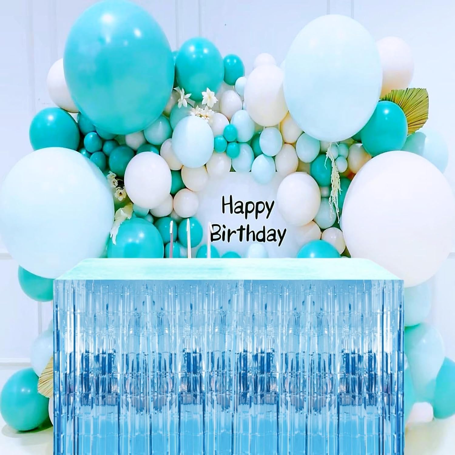 Paquete de 2 guirnaldas de falda de mesa con flecos de papel de aluminio azul claro amplio, decoración de fiesta para cumpleaños, niños, océano bajo