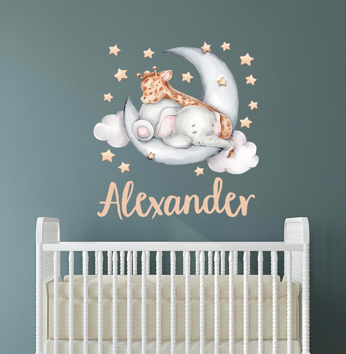Calcomanía de pared personalizada con nombre de jirafa y elefante para habitación de niños, calcomanías de pared para guardería, diseño de jirafa,