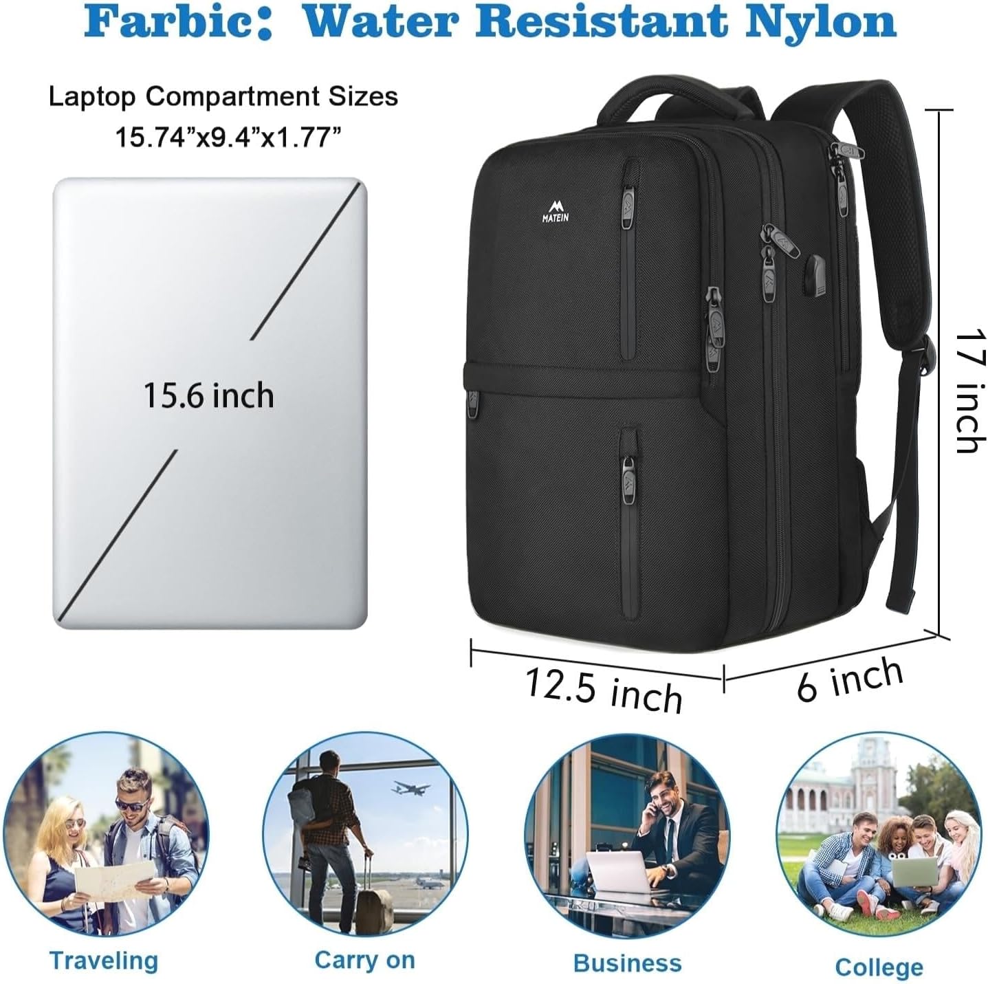 MATEIN Mochila de viaje para laptop, mochila para laptop de 15.6 pulgadas con puerto de carga USB, equipaje de mano compatible con la TSA para