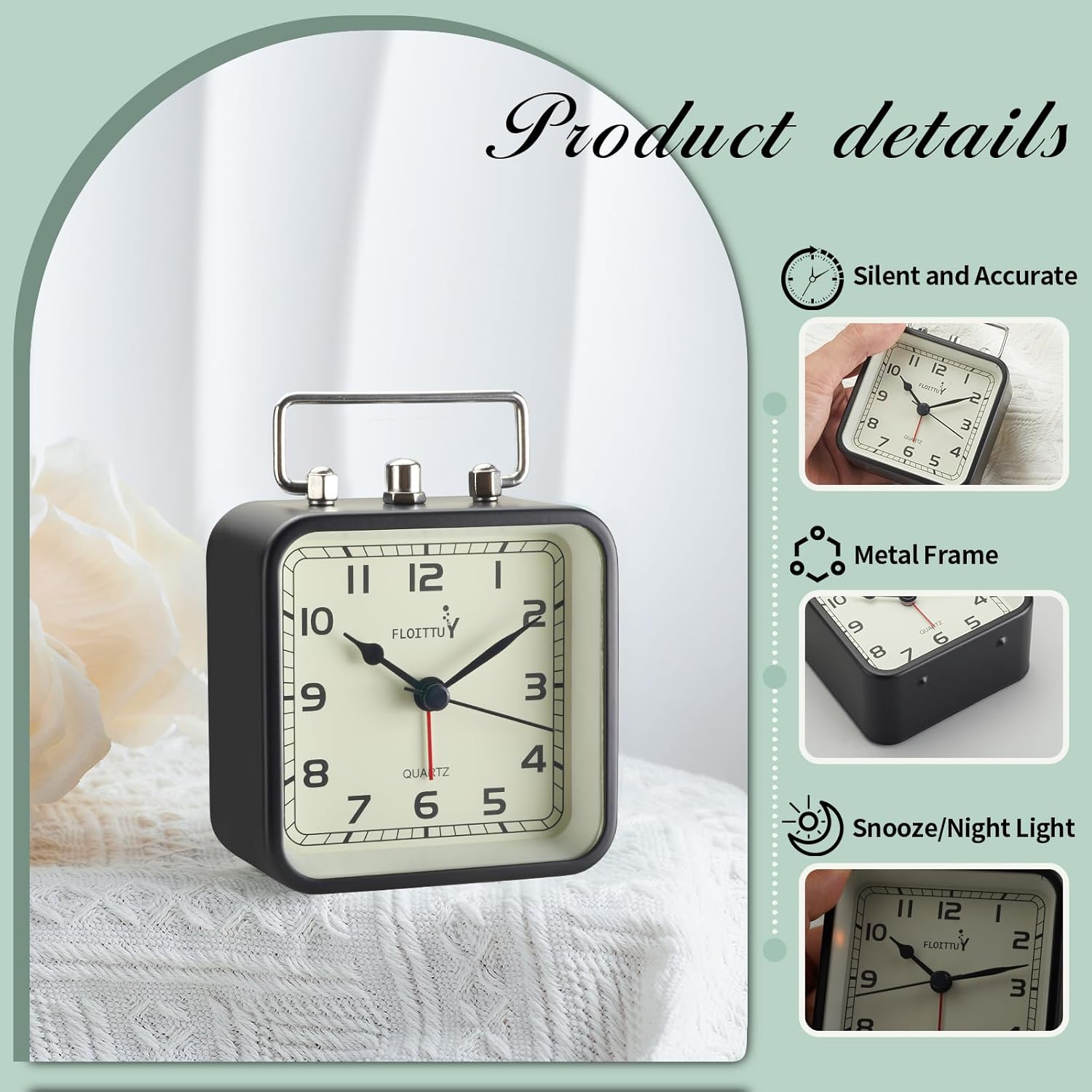 Reloj despertador cuadrado de metal, silencioso, sin tictac, funciona con pilas, luz nocturna y reloj de escritorio para dormitorio, viajes, niños,