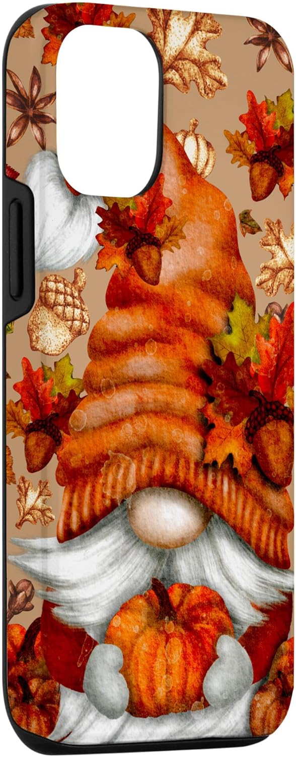 Funda para iPhone 1212 Pro con diseño de calabaza de gnomo marrón con diseño de hojas de otoño