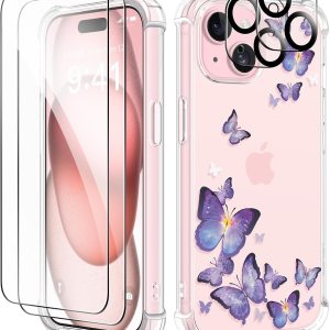 GVIEWIN Funda para iPhone 15, 5 en 1 con 2 protectores de pantalla y 2 protectores de lente de cámara, transparente, suave, a prueba de golpes, GVIEWIN Funda para iPhone 15, 5 en 1 con 2 protectores de pantalla y 2 protectores de lente de cámara, transparente, suave, a prueba de golpes,