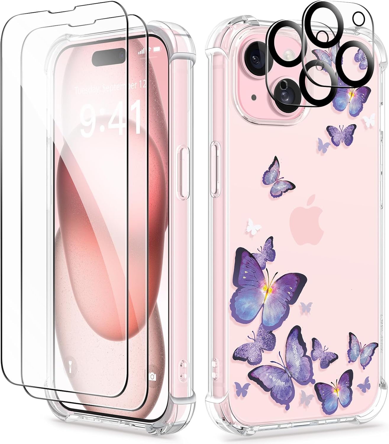 GVIEWIN Funda para iPhone 15, 5 en 1 con 2 protectores de pantalla y 2 protectores de lente de cámara, transparente, suave, a prueba de golpes,