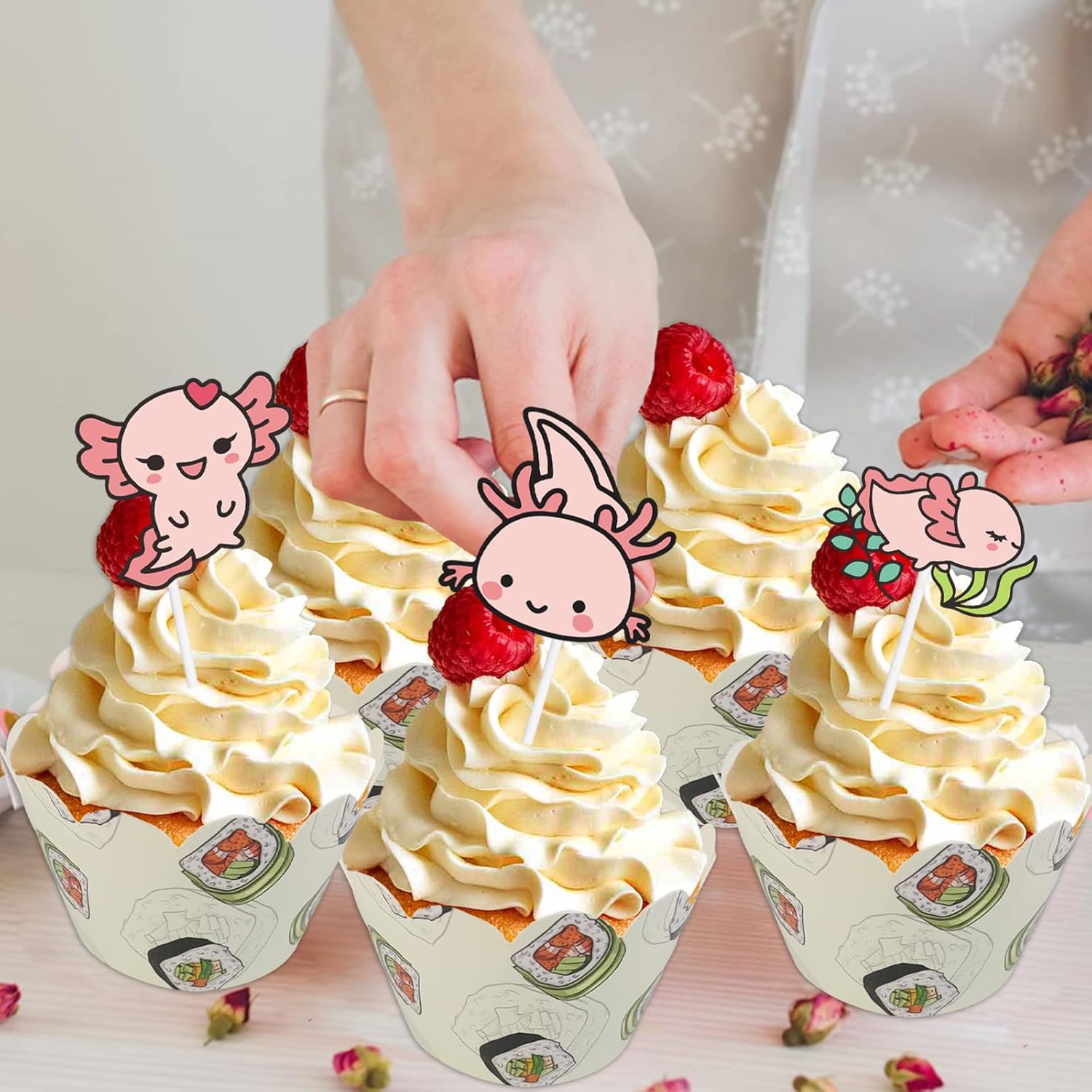 18 piezas de decoración de postre de ajolote rosa con purpurina, diseño de animales de dibujos animados, baby shower, niñas y niños, decoración de