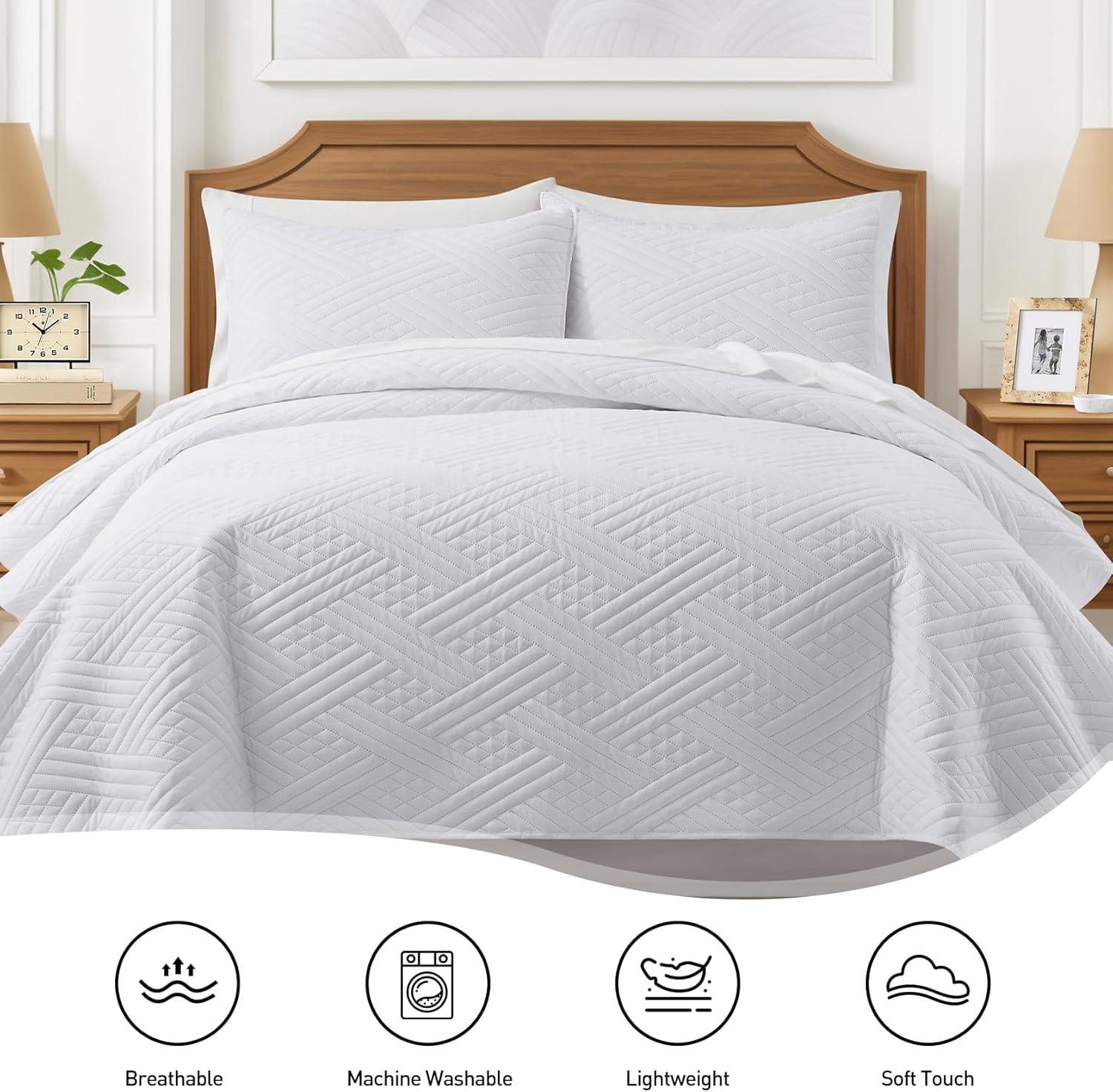 Edredón blanco Queen con patrón de rayas, juego de ropa de cama delgado ligero de verano, colcha y colcha de microfibra suave para todas las