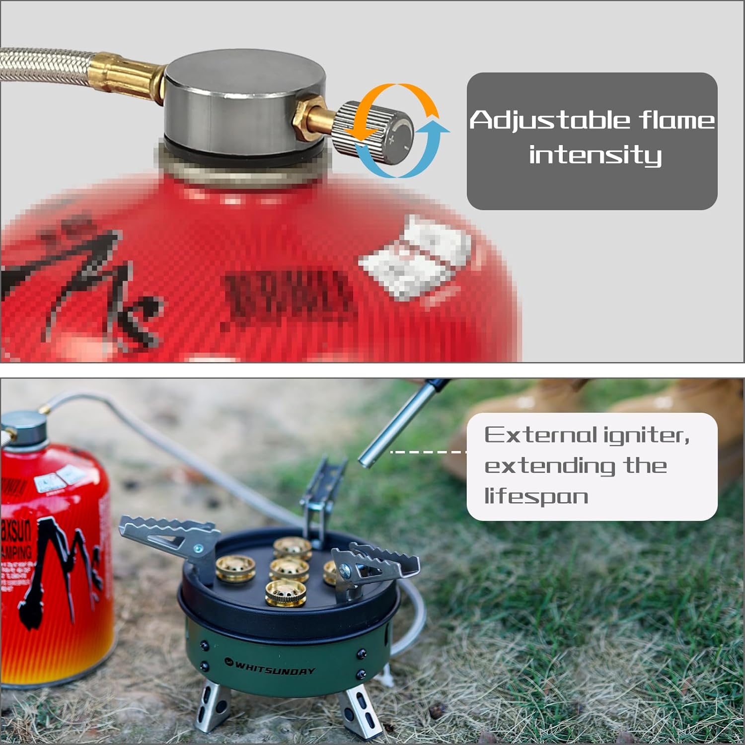 Whitsunday Estufa de campamento, estufa de gas portátil resistente al viento con adaptador de recipiente de combustible, encendido piezoeléctrico,