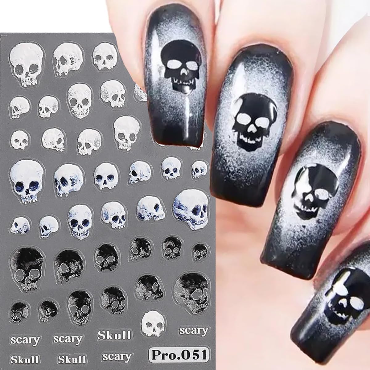 8 hojas de calcomanías de arte de uñas de Halloween, lindas calcomanías de fantasma, calabaza, calavera, gato, espeluznante, diseño de calavera