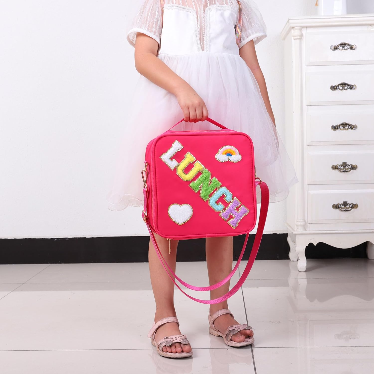 Lonchera personalizada con parches de letras coloridas aisladas, con purpurina, letras universitarias reutilizables para niños (rosa rosa)