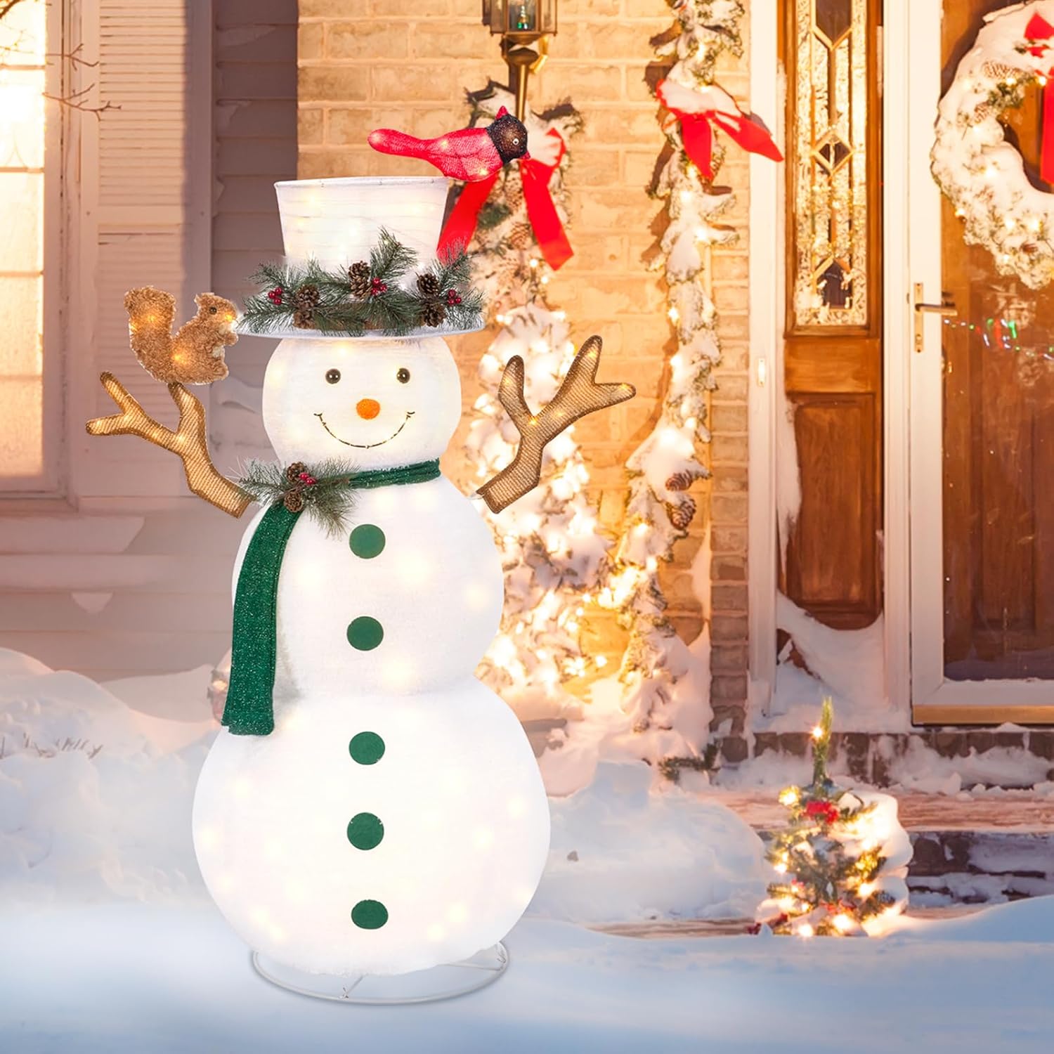 LOENIY Muñeco de nieve iluminado de 5 pies, decoración navideña emergente con 200 luces LED integradas, muñeco de nieve plegable con bufanda de