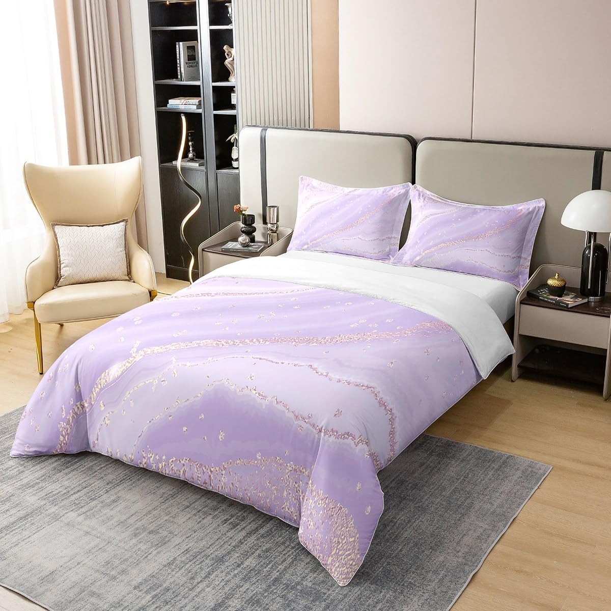 Erosebridal Juego de funda de edredón 100 % algodón de mármol morado y rosa, tamaño matrimonial, juego de ropa de cama femenina de acuarela para