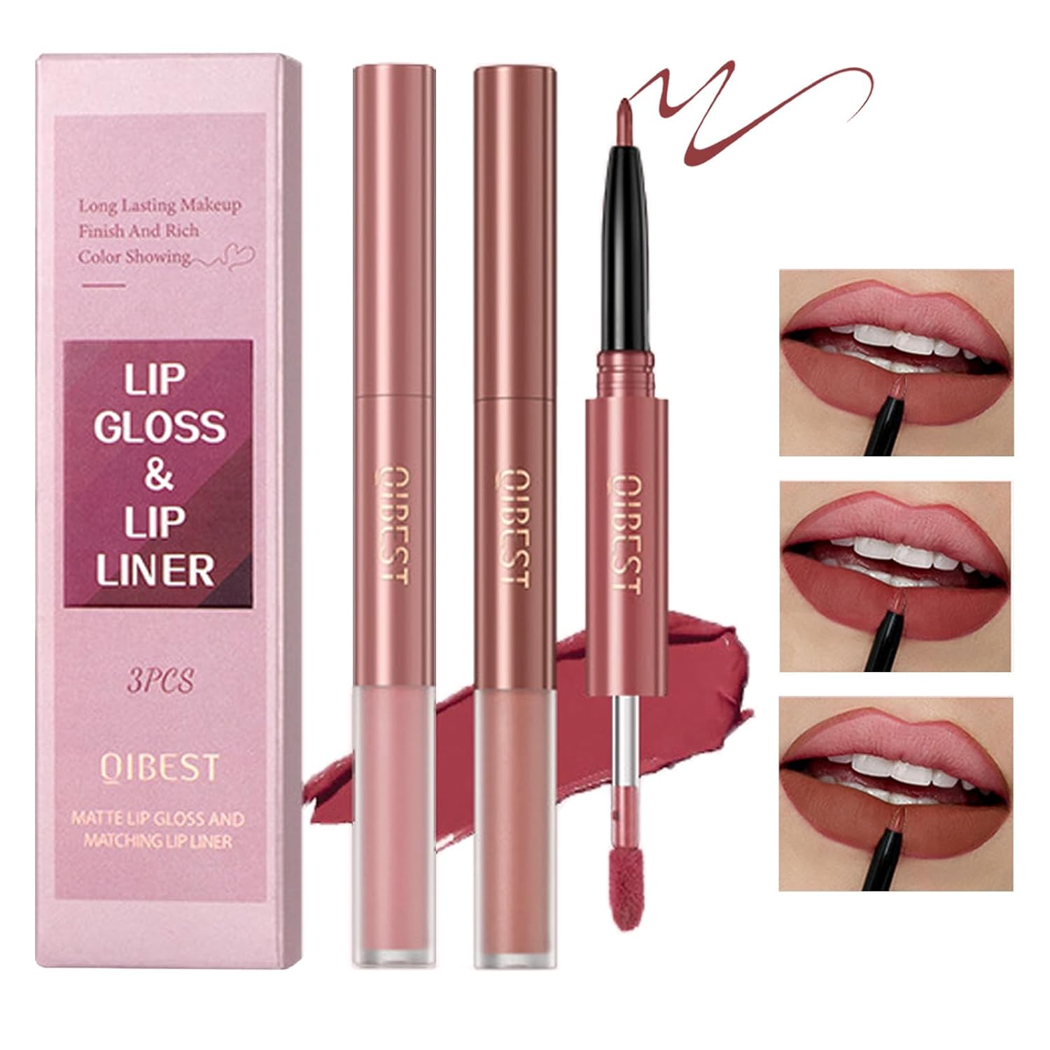 Juego de 3 delineadores de labios y lápiz labial, kit de lápiz labial mate con delineador de labios, lápiz labial líquido mate, impermeable, lápiz