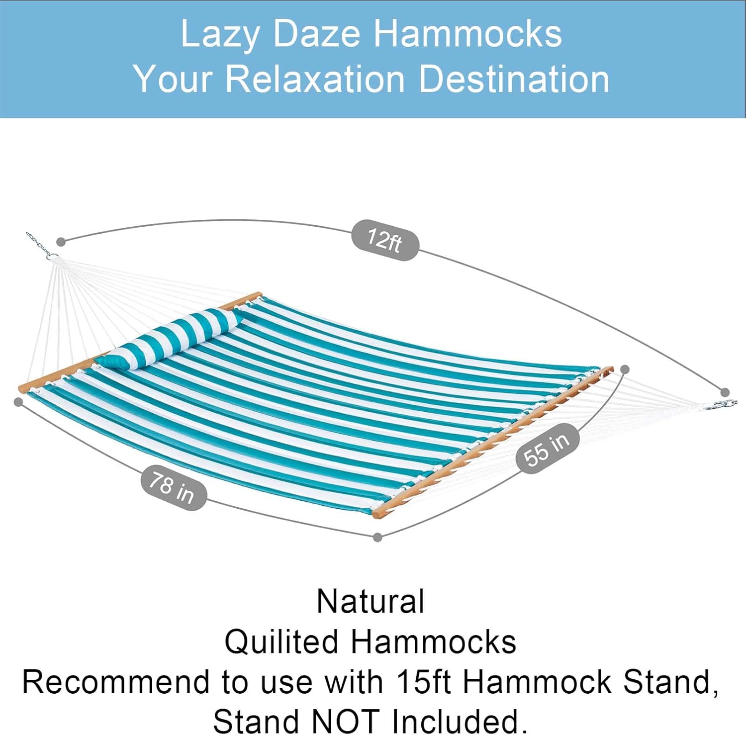 Lazy Daze Hammocks Hamaca doble de tela acolchada de 12 pies con barras separadoras y almohada desmontable, hamaca para 2 personas para patio al