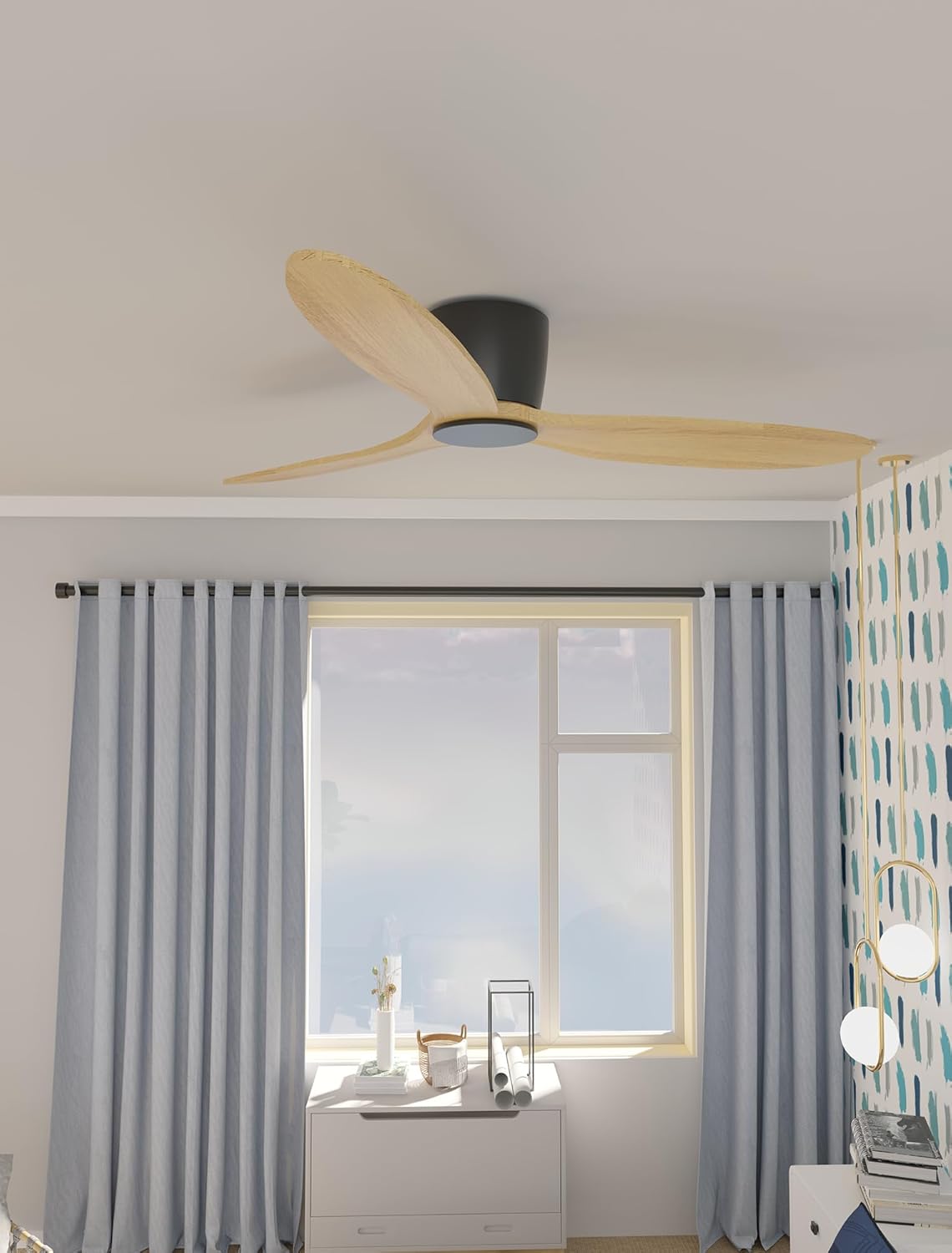 OUATER Ventilador de techo de montaje empotrado con control remoto, ventilador de techo moderno de perfil bajo de 52 pulgadas sin luz, motor de CC,