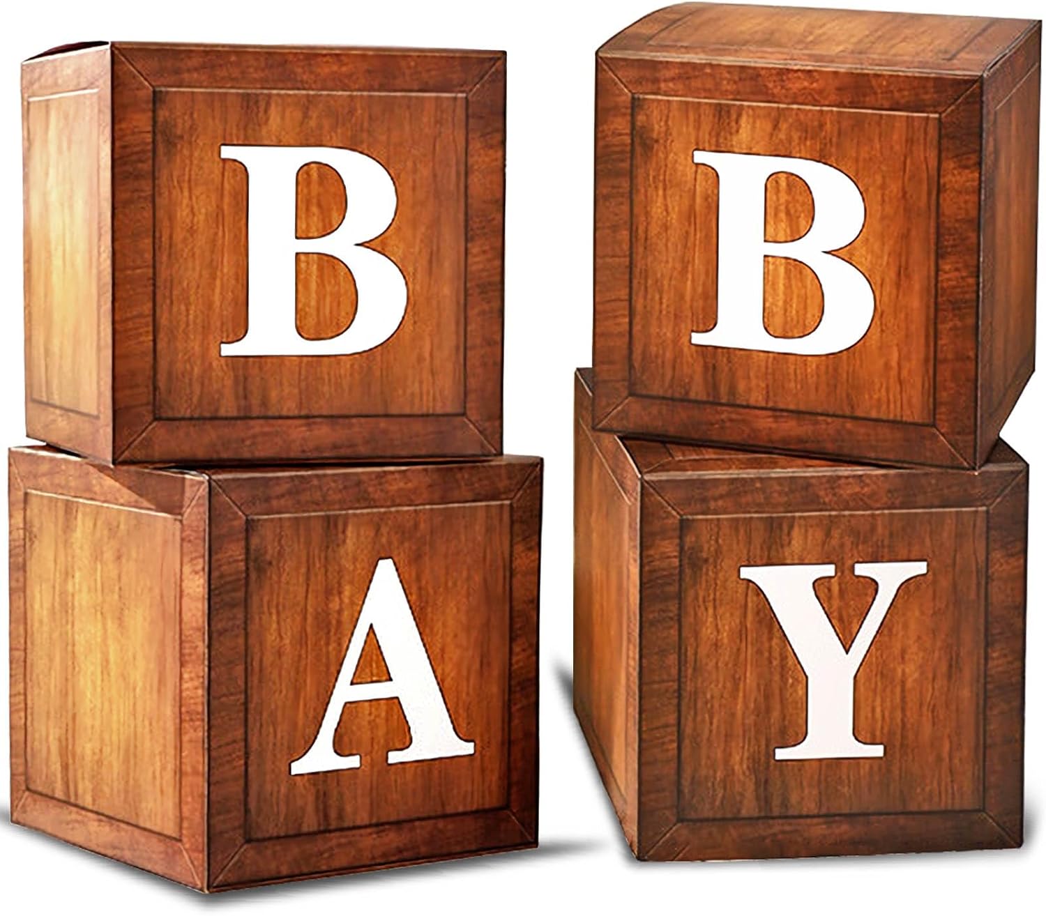 Cajas de bebé para baby shower, 4 piezas de bloques de grano de madera marrón con letras impresas de bebé para revelación de género de bebé,