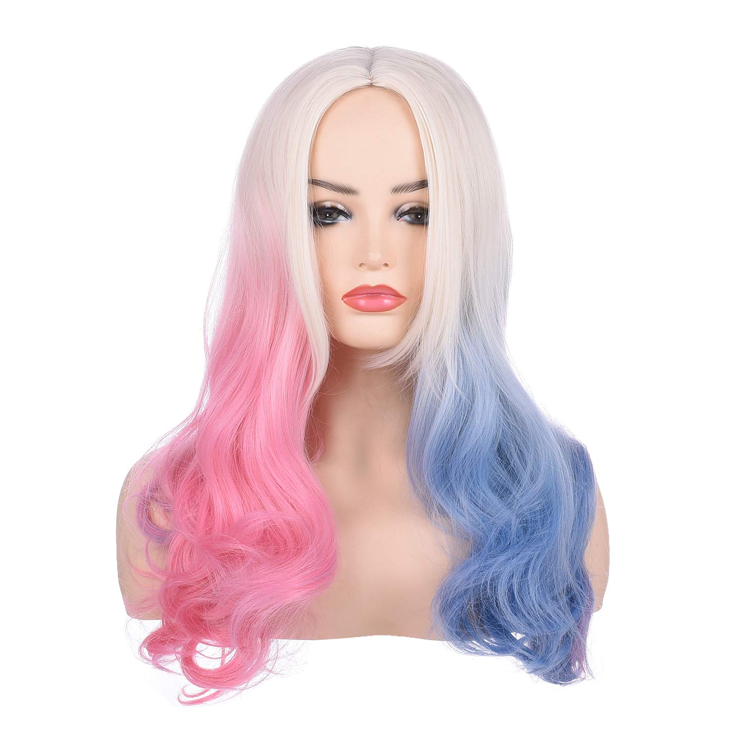 morvally 20 pulgadas de largo, ondulado, rubio, azul, rosa, ombré, pelucas de pelo sintético para mujeres, cosplay, Halloween
