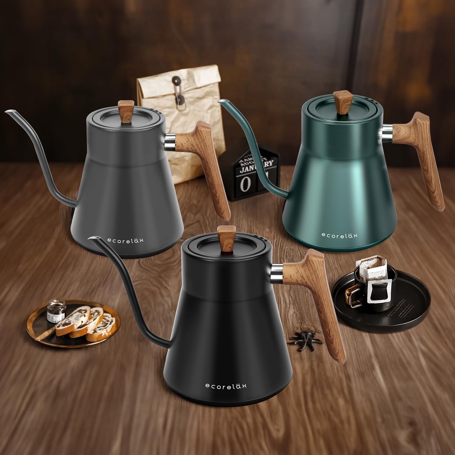 Ecorelax Hervidor eléctrico de cuello de cisne con control de temperatura preciso de  1 , 1200 W para café y té, 100% acero inoxidable, hervidor de