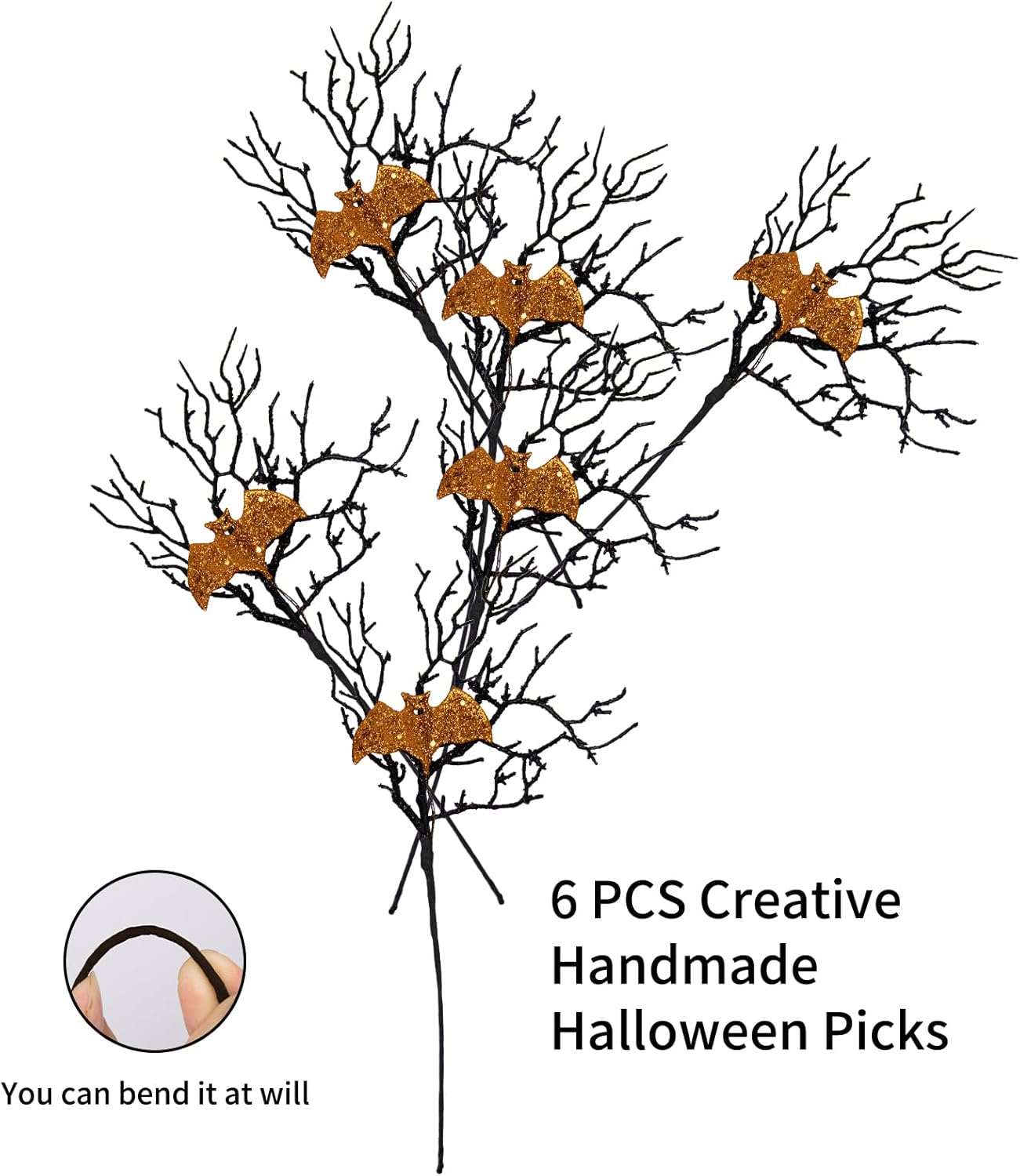 Yawwind Artificial Halloween Picks 17inch Balck Halloween Branches for Vase Gilitter Halloween Stems with Glitter Golden Bat for Table Centerpiece