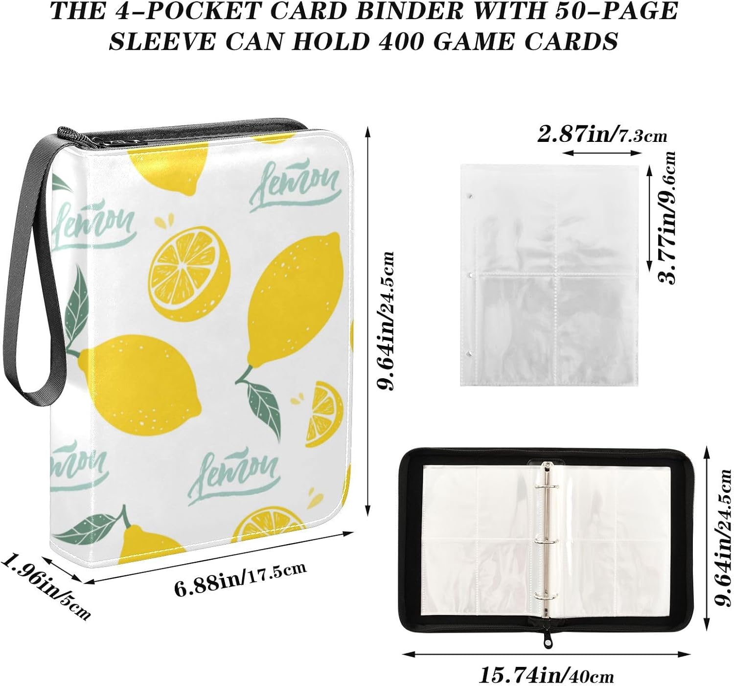 Lemons Card Binder 400 Pockets Trading Card Storage Binders Album with Sleeves Zipper Card Collection Holder Folder for Game Cards Sport Cards
