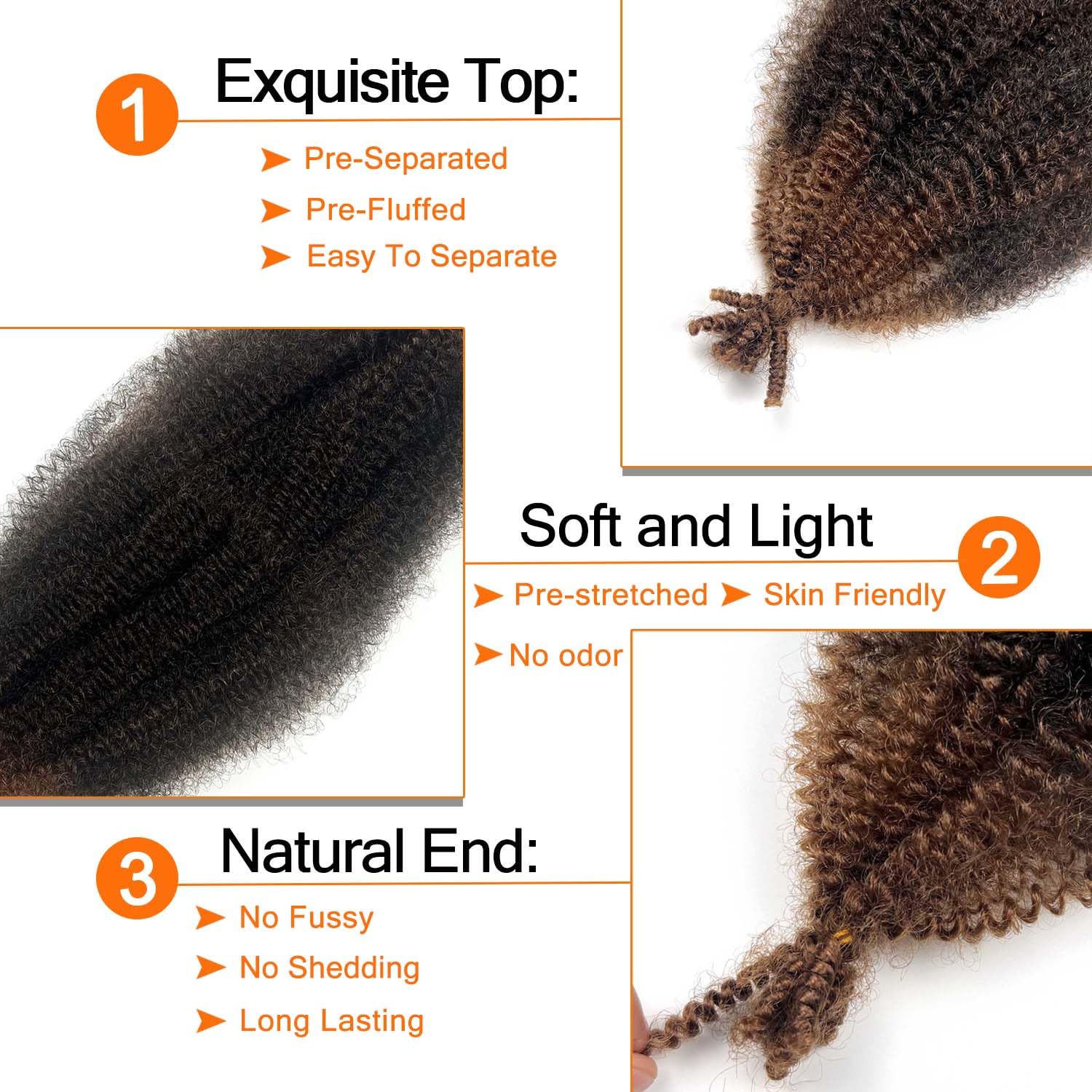 Cabello afro Twist marrón oscuro de 16 pulgadas, 3 paquetes de cabello afro trenzado T30 preesponjado, cabello afro Twist para rizos suaves (16