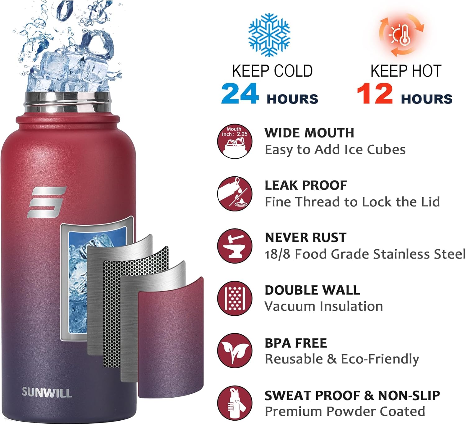 SUNWILL Botella de agua aislada con popote de 32 onzas, botella de agua deportiva de metal, botella de agua deportiva de doble pared reutilizable,