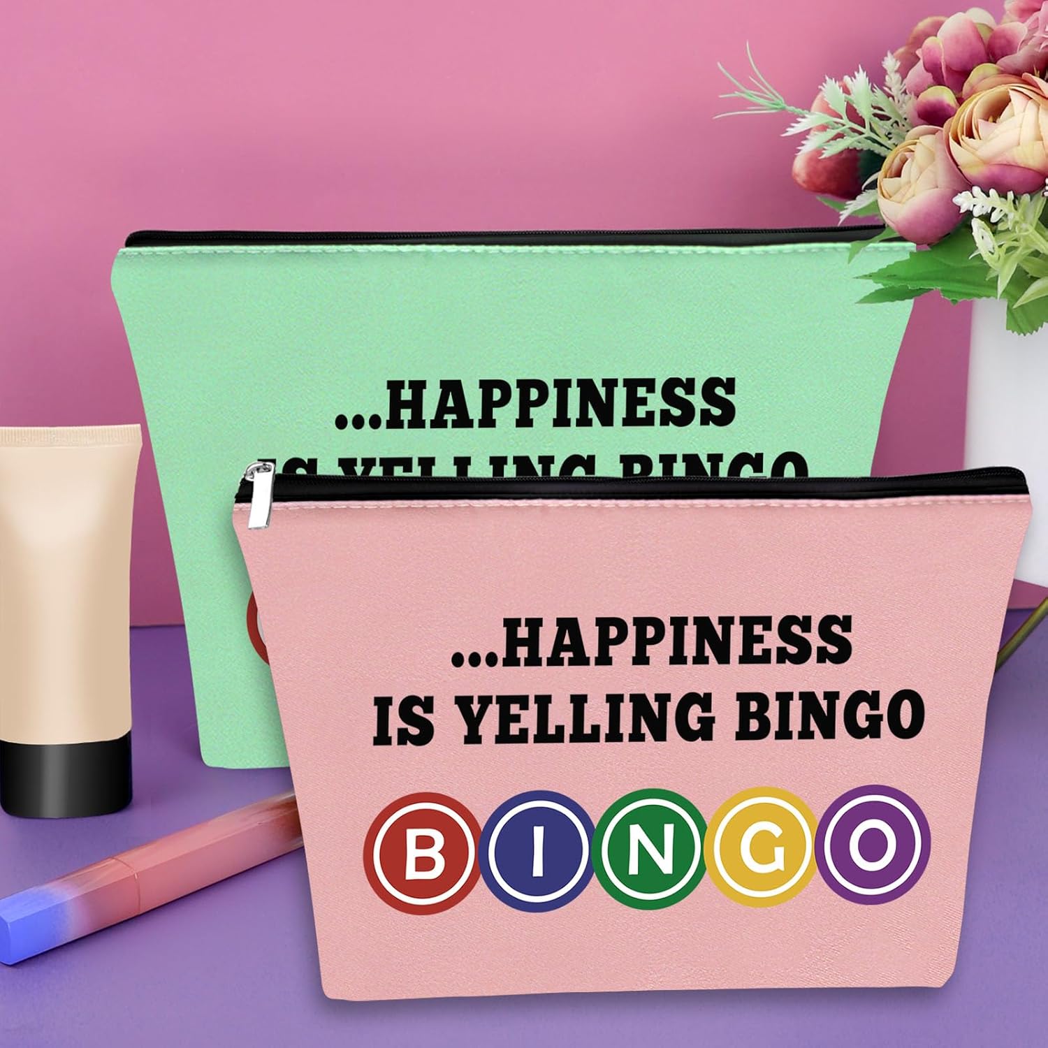 Bolsa de maquillaje de regalo para amantes del bingo, Verde, rosa y morado
