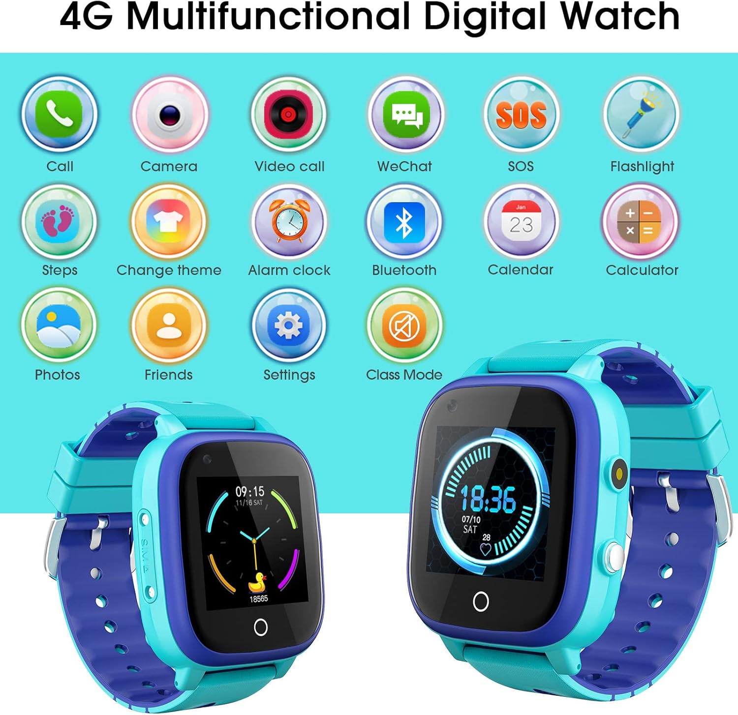 cjc Reloj inteligente 4G para niños con rastreador GPS y llamadas, llamadas de 2 vías y chat de voz y video, alarma SOS, WiFi, impermeable, teléfono