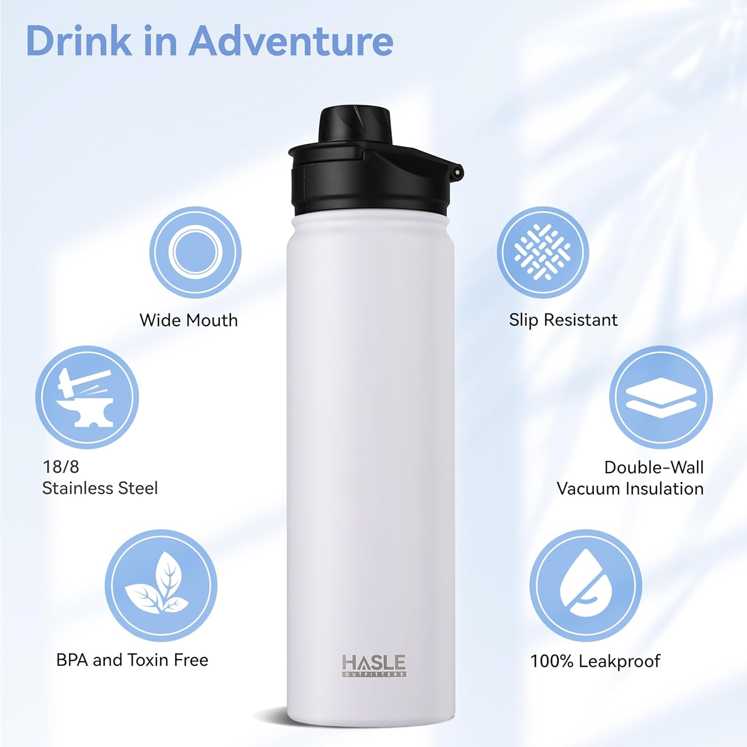 HASLE OUTFITTERS Botella de agua aislada de 22 onzas, botella de agua de acero inoxidable de doble pared de boca ancha con tapa de popote y tapa de
