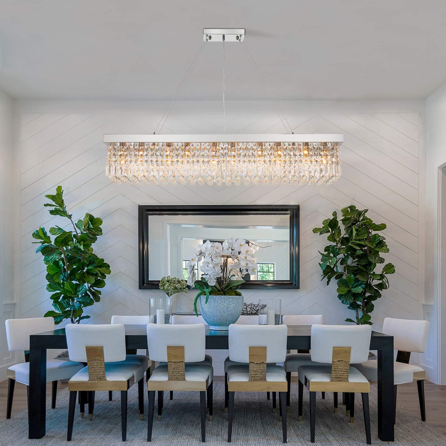 Lámpara rectangular K9 de cristal moderna rectangular colgante para comedor, cocina, isla cromada, 47 pulgadas de largo x 10 pulgadas de ancho x 10