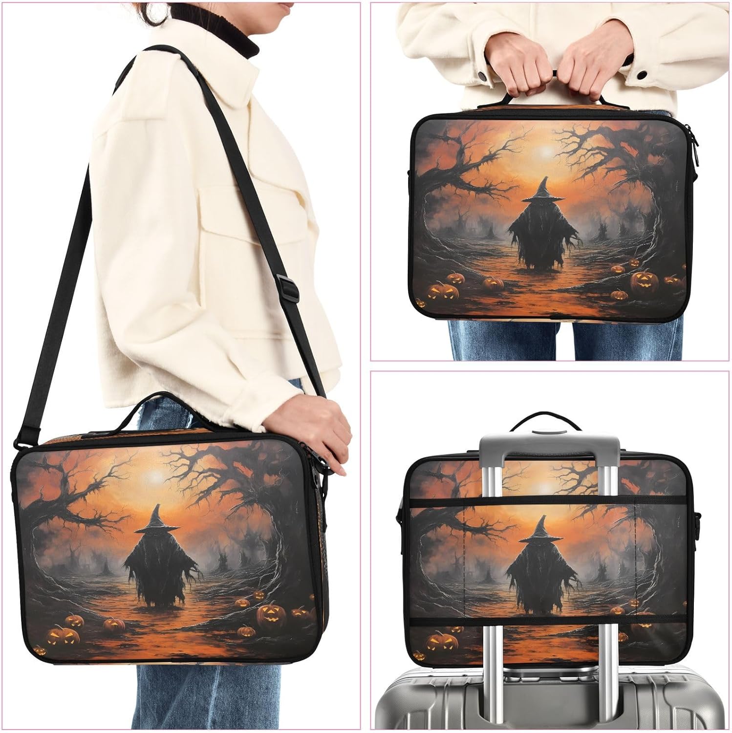Zathe Happy Halloween Scarecrow Pumpkin cosmetic organizer toiletry make up bag travelling large makeup bags size makeup bag bolso para guardar