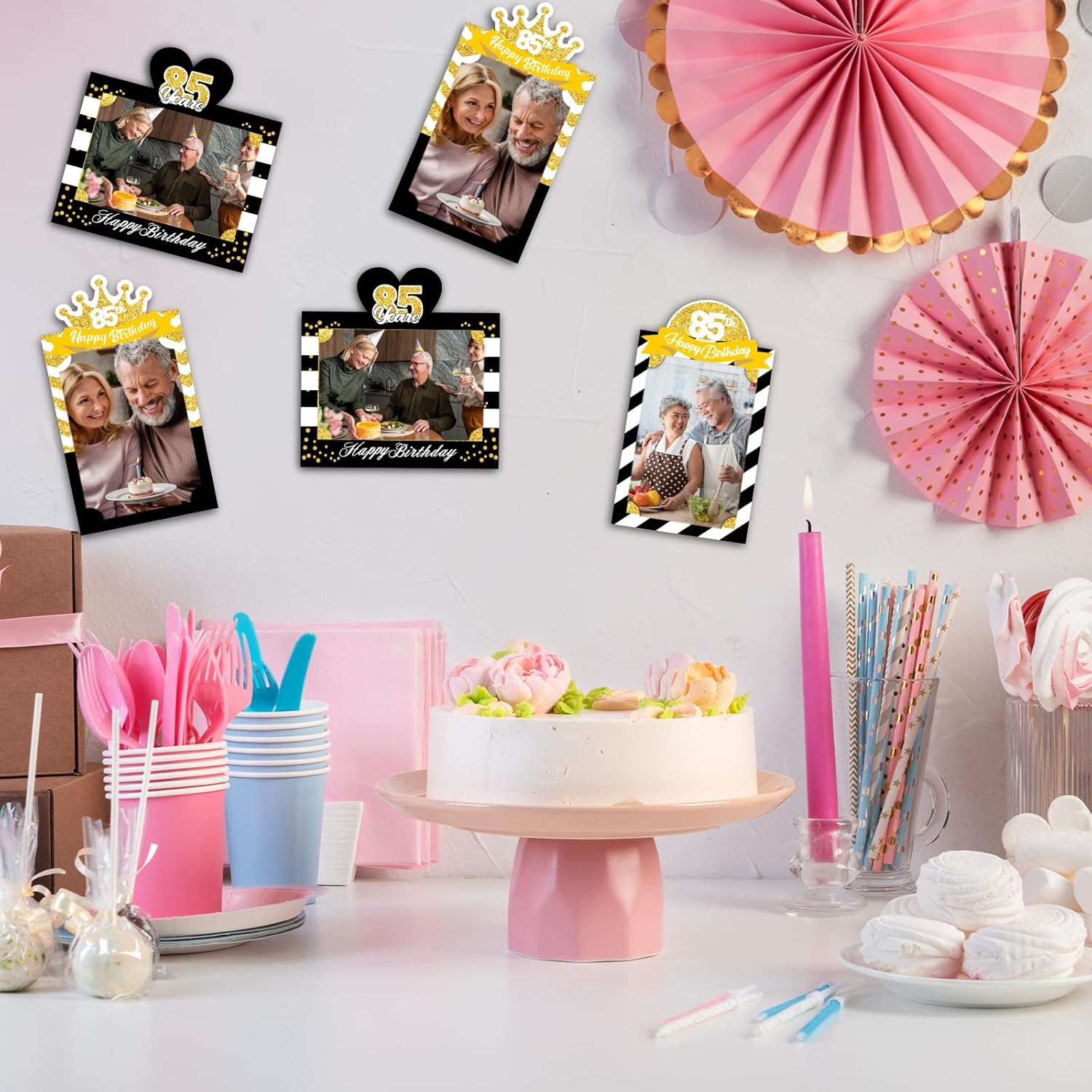 MEFENG 15 palitos para centro de mesa de fiesta de cumpleaños 85, color negro y dorado, decoración de mesa para fotos de cumpleaños de 85 años,
