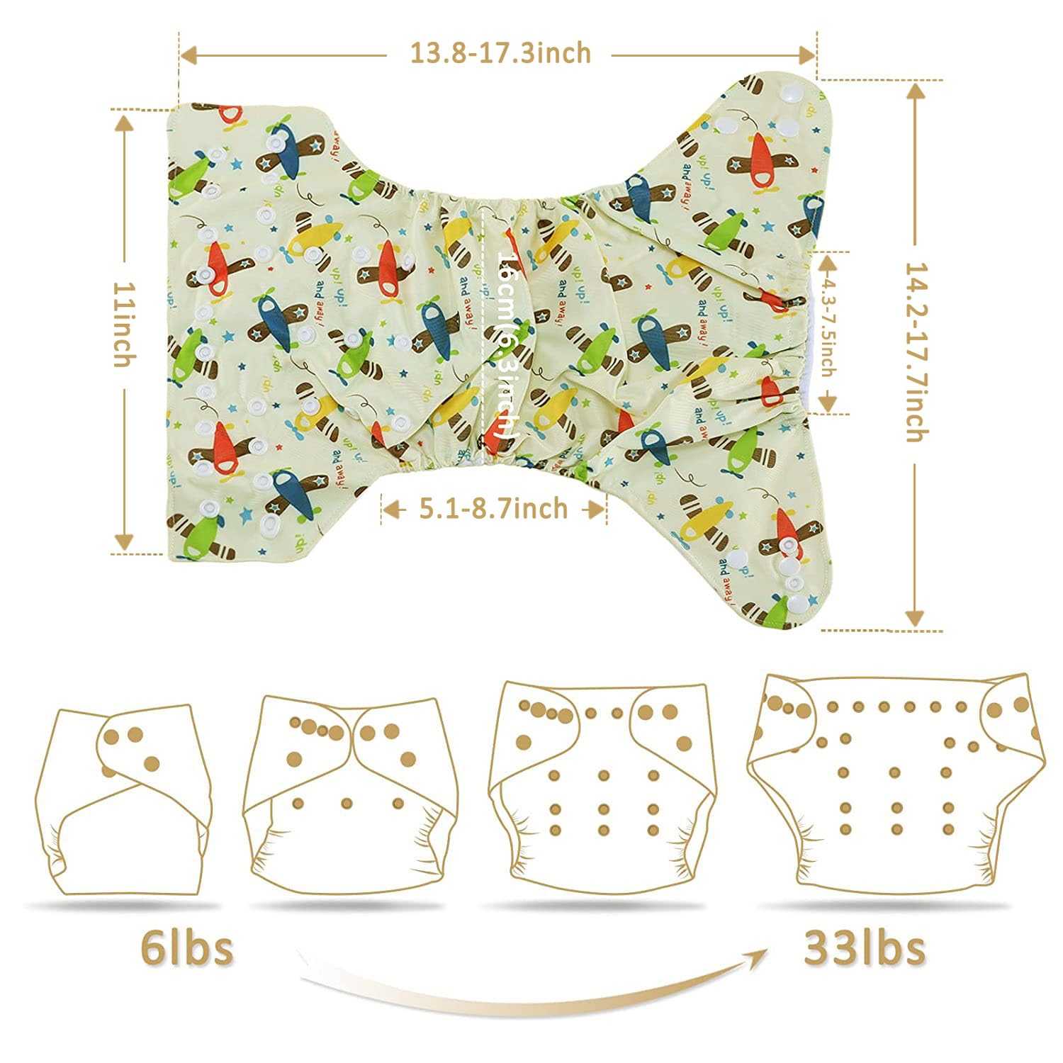 Pañal de tela lavable reutilizable talla única ajustable para bebé, 1 pañal y 2 piezas de insertos de microfibra de 3 capas