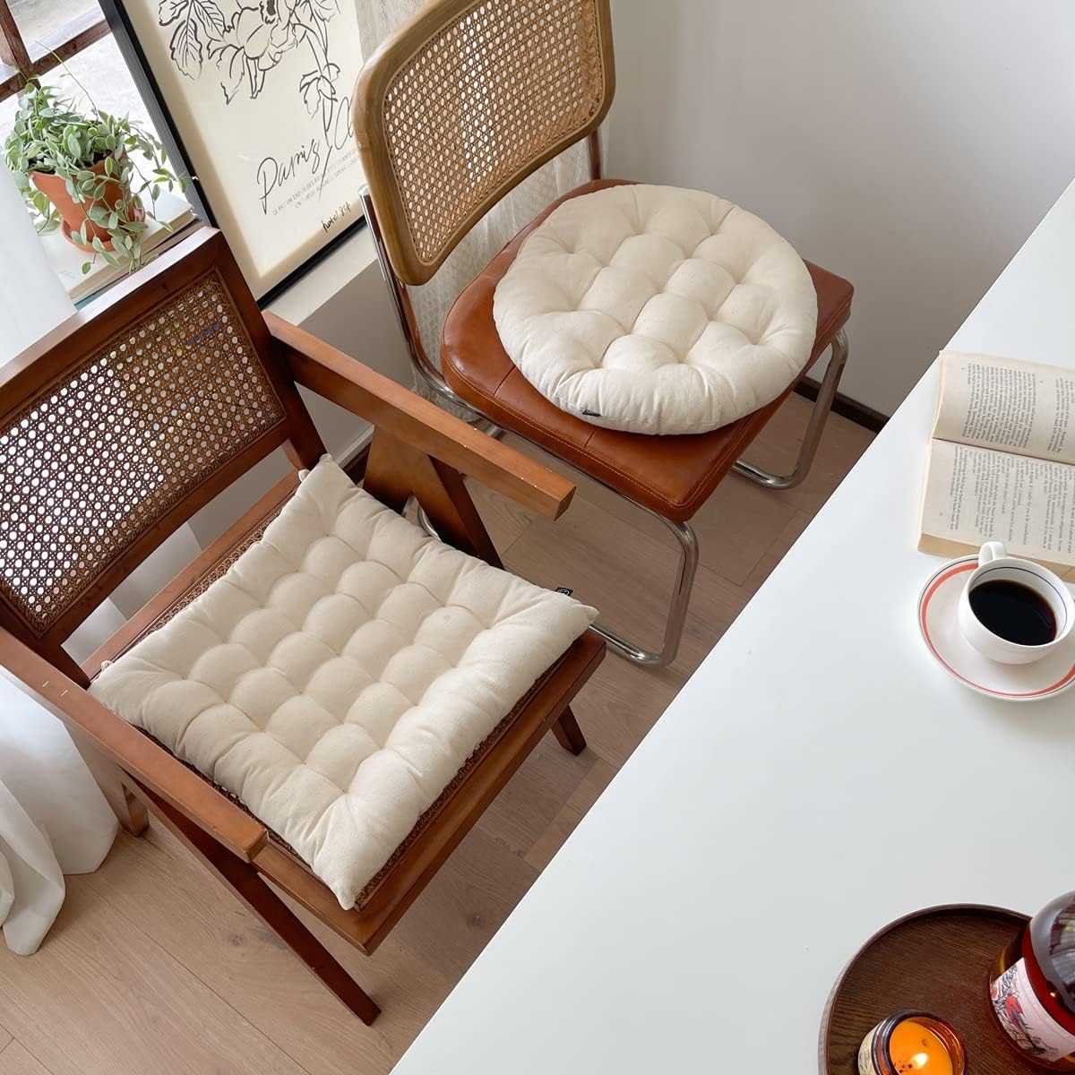 Lemfux Cojín de asiento blanco natural de tela reciclada para silla de oficinaescritorio, suave y grueso material sostenible, cojín cuadrado simple