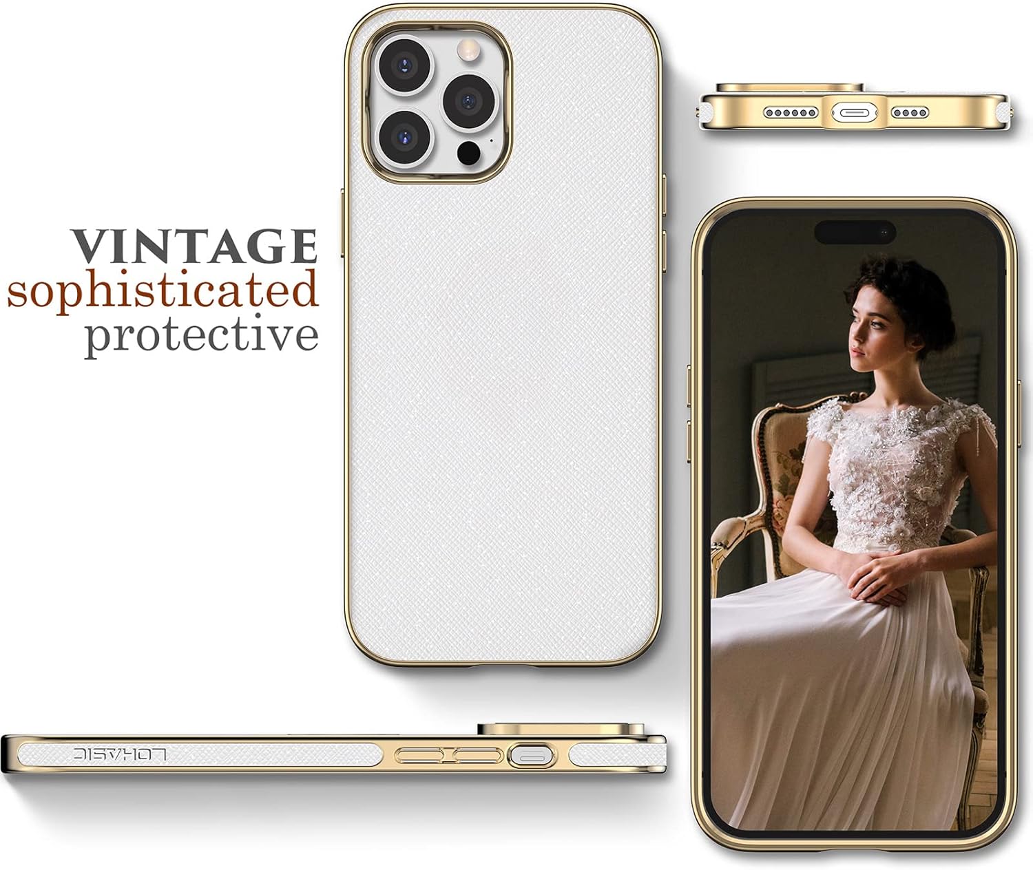 LOHASIC Funda para iPhone 14 Pro Max, funda de piel sintética vintage de lujo elegante ProMax para mujeres y niñas, agarre antideslizante,