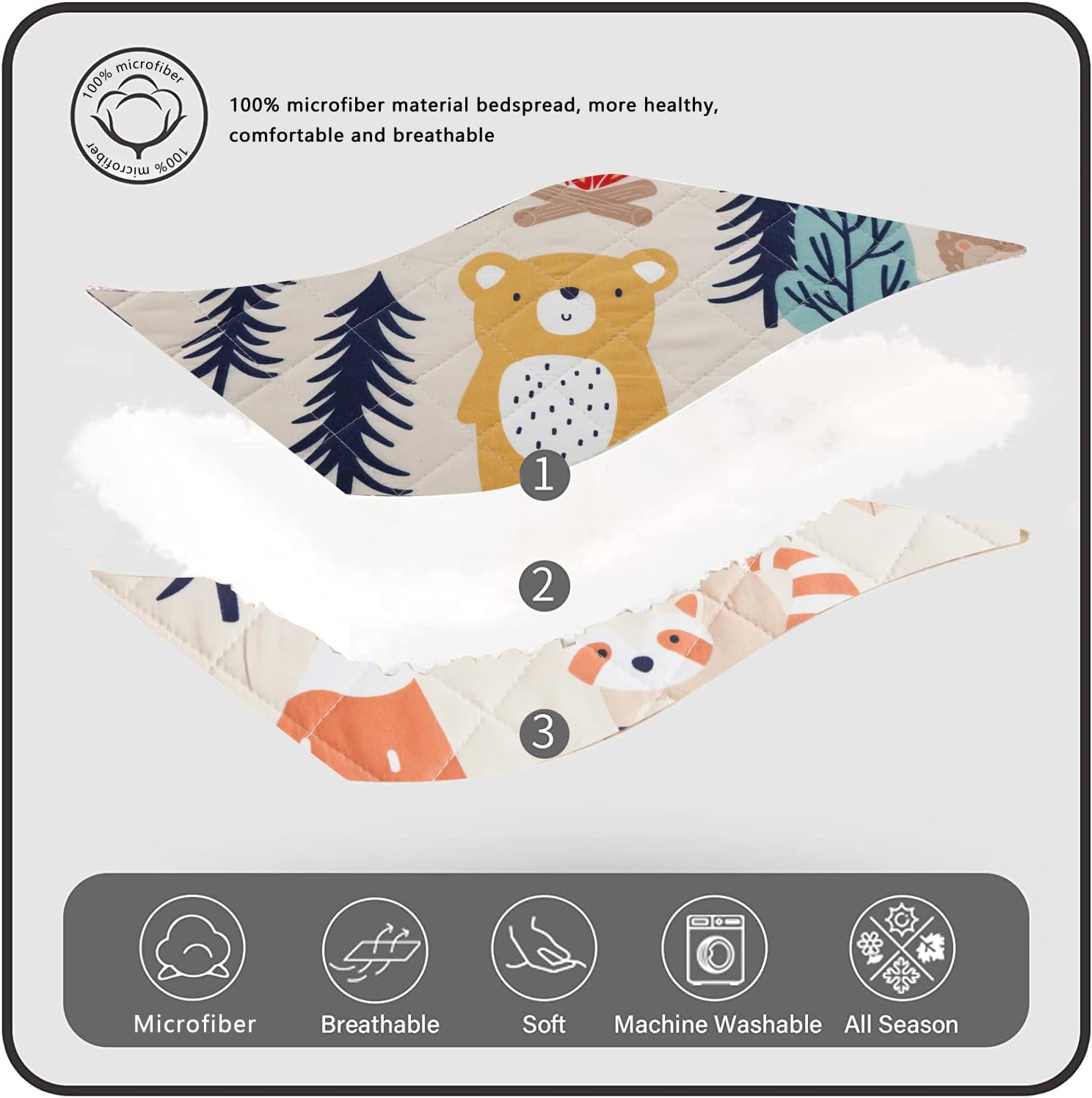 Juego de edredón para niños, tamaño individual, 3 piezas de oso de dibujos animados, reversible, diseño de animales del bosque, juego de edredón