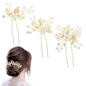Pinzas para el pelo de boda con hojas doradas, horquillas de novia para baile de graduación, 3 piezas de perlas de cristal, accesorios para el Pinzas para el pelo de boda con hojas doradas, horquillas de novia para baile de graduación, 3 piezas de perlas de cristal, accesorios para el
