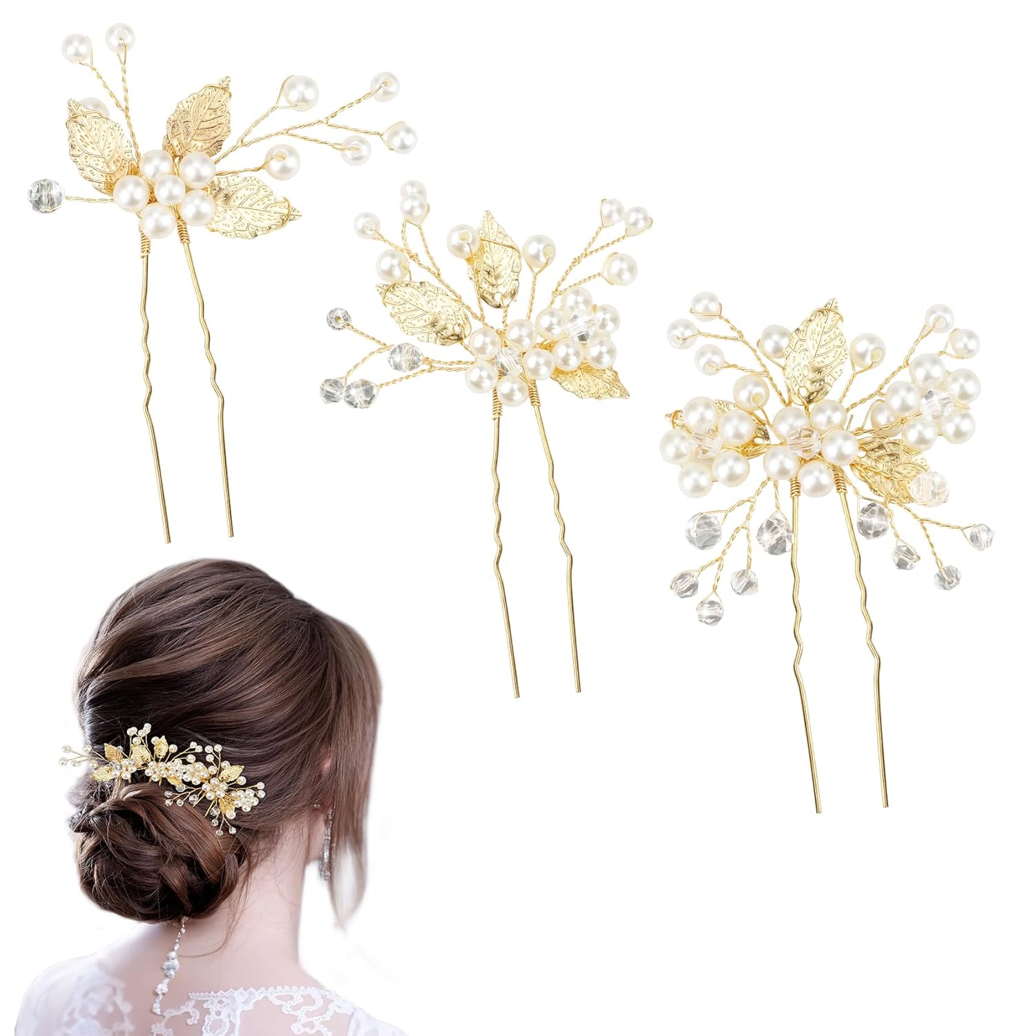 Pinzas para el pelo de boda con hojas doradas, horquillas de novia para baile de graduación, 3 piezas de perlas de cristal, accesorios para el