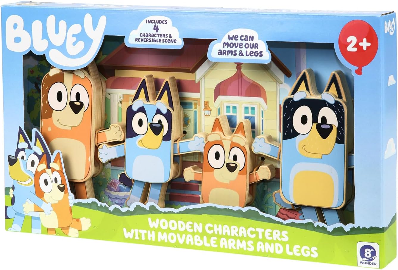 Bluey Figuras de personajes de madera  4 figuras de madera coloridas  Certificado FSC para niños de 3 años en adelante
