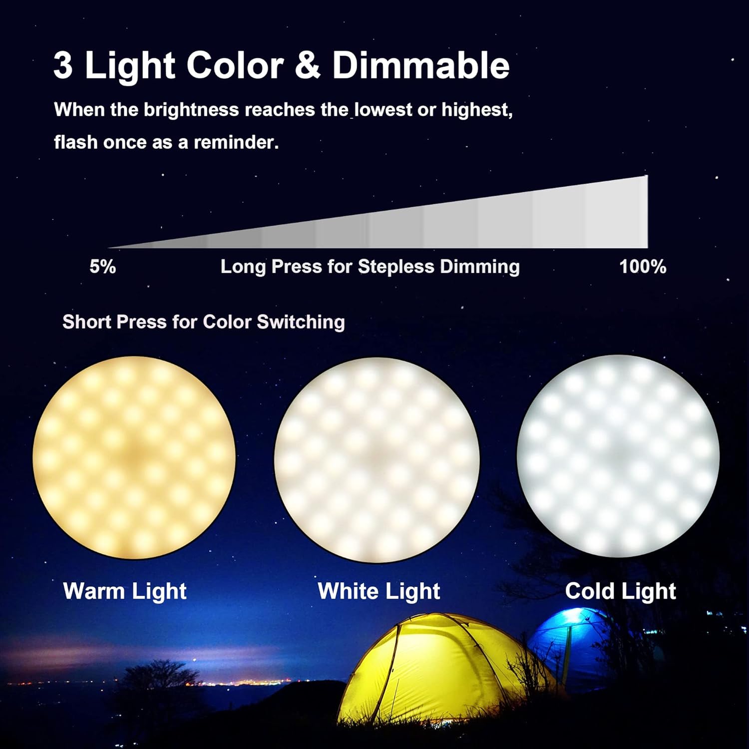 Linterna de campamento recargable, luz magnética para tienda de campaña con control remoto, 4 modos de luz, luz regulable IP54, resistente al agua,