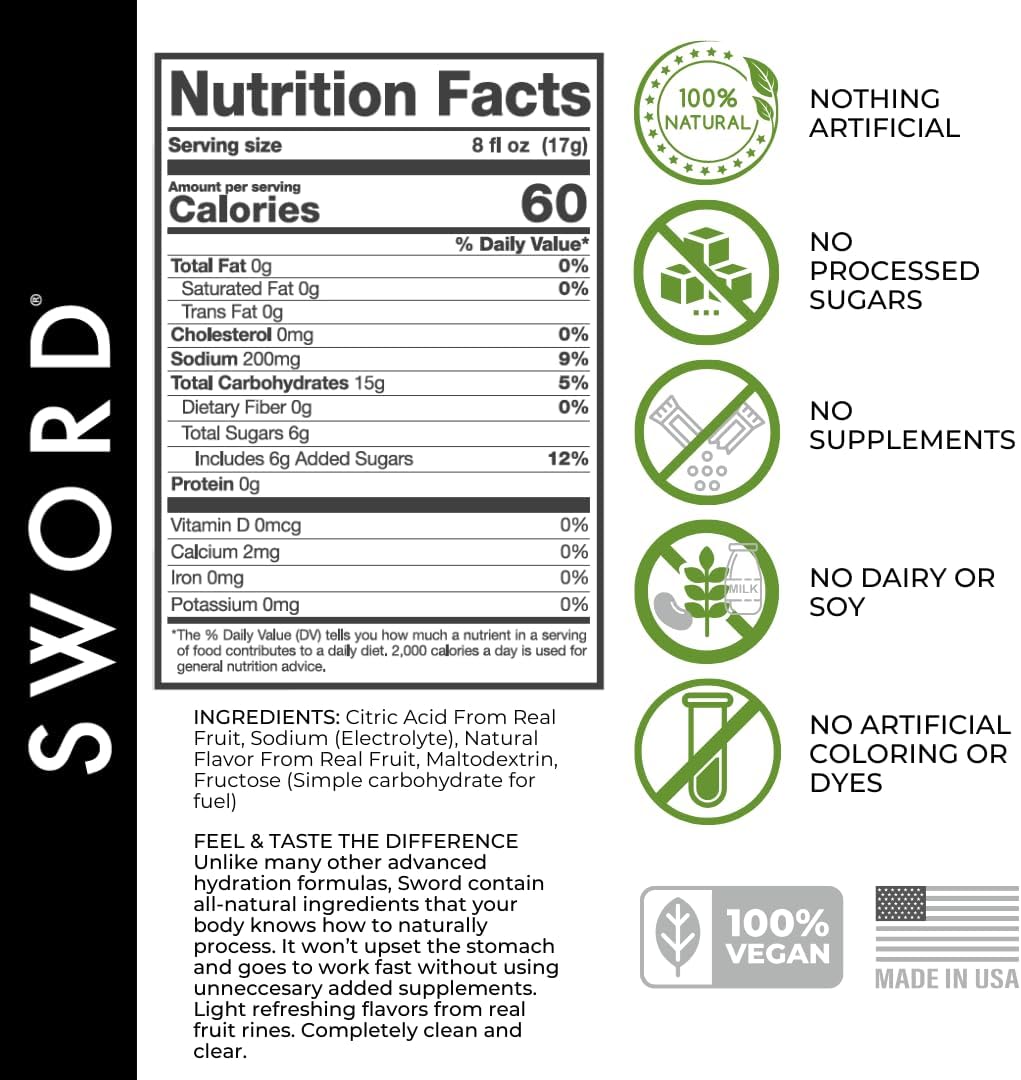 Sword All-Natural Premium Advanced – Paquetes de polvo de hidratación con electrolitos, reposición rápida, mezcla de bebida de recuperación, nada