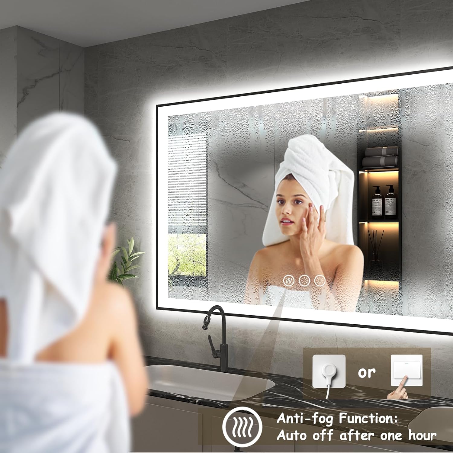 Espejo de baño LED enmarcado de 72 x 40 pulgadas, espejo de tocador grande iluminado para pared, regulable, antivaho, a prueba de roturas, memoria