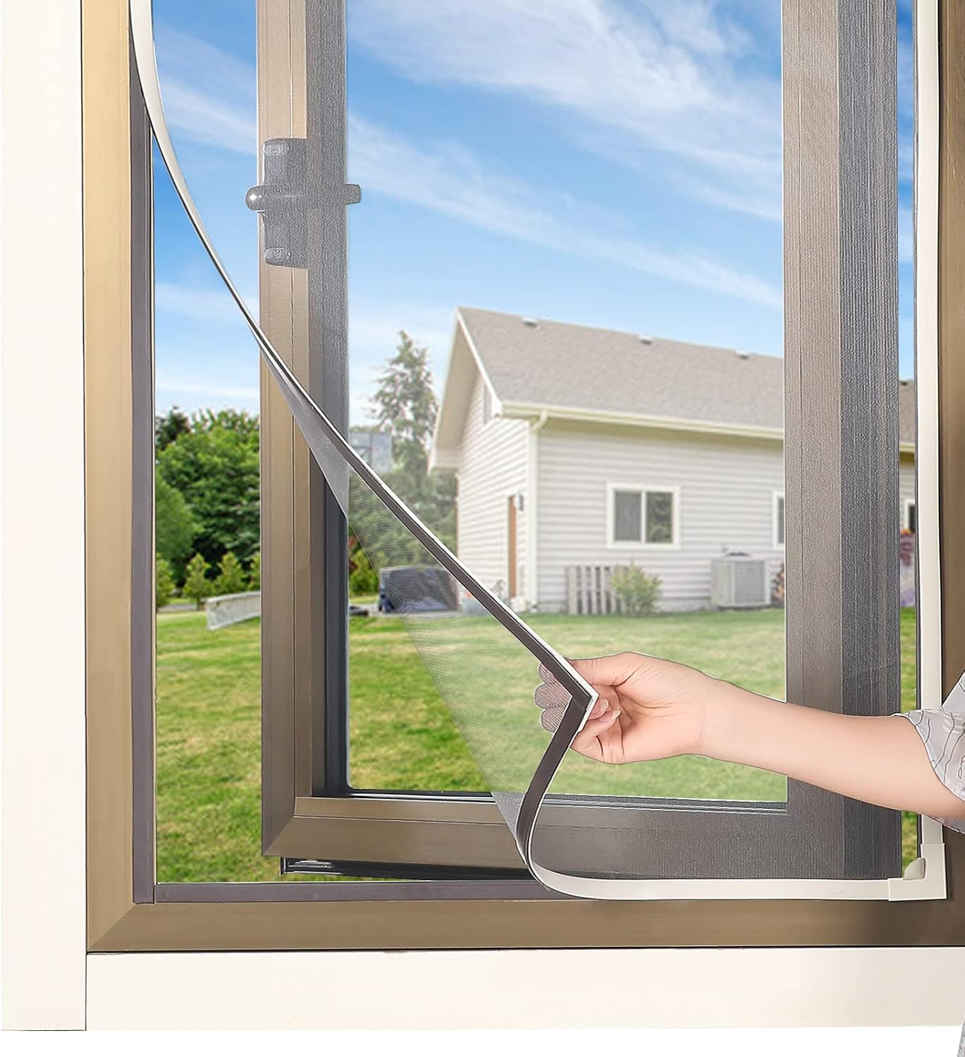 Protector de pantalla magnética de malla ajustable para ventana de bricolaje, se adapta a marcos de ventana blancos de 57 x 35 pulgadas con malla de