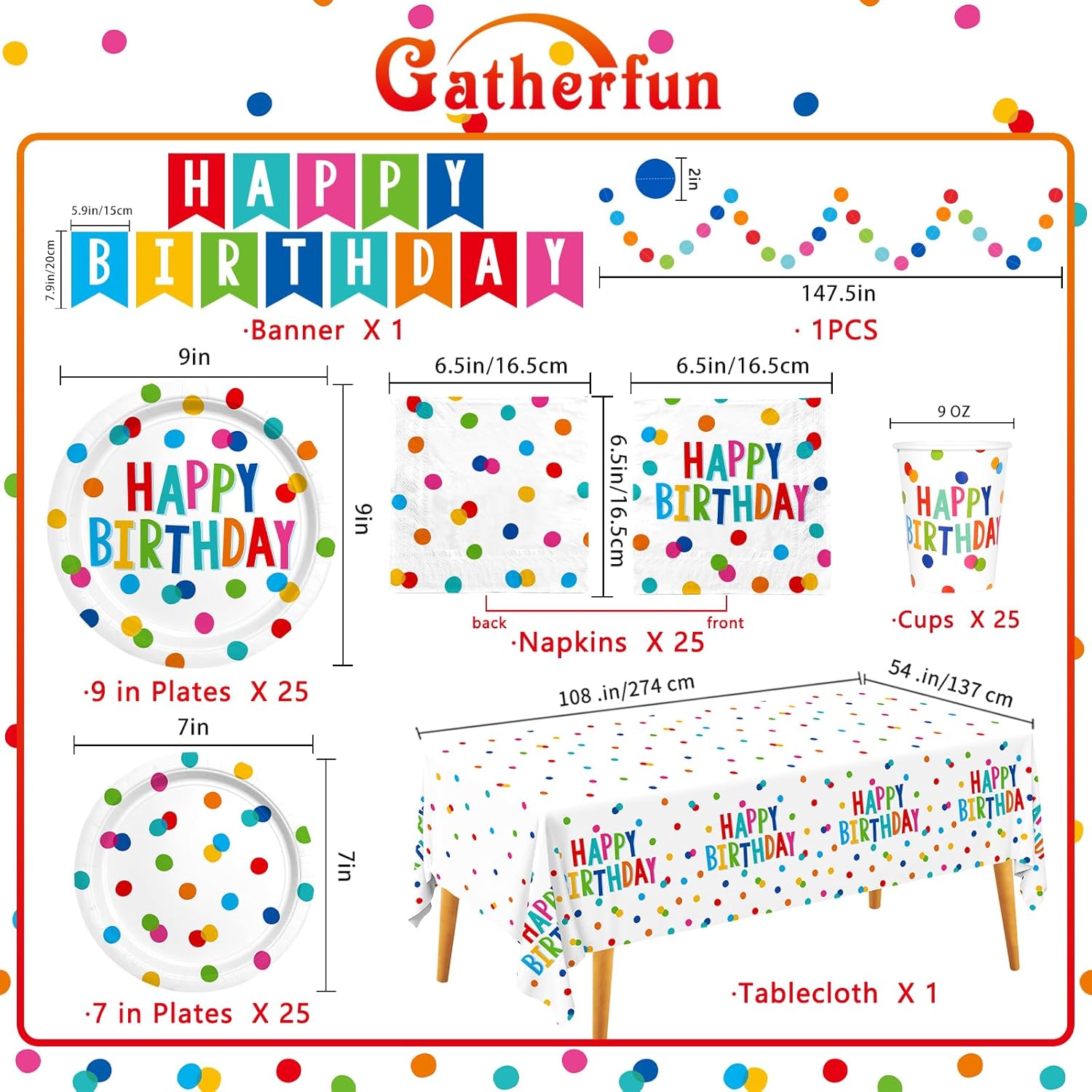 Decoraciones de feliz cumpleaños juego de suministros de fiesta de feliz cumpleaños con diseño de puntos de cumpleaños, incluye platos de cumpleaños