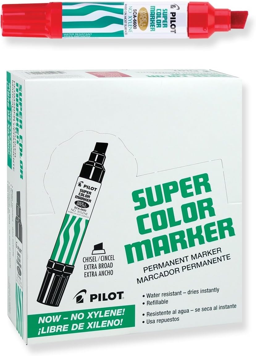 PILOT Super Color Jumbo – Marcadores permanentes recargables, tinta roja sin xileno, punta de cincel extra ancha, paquete de 12 (45300)