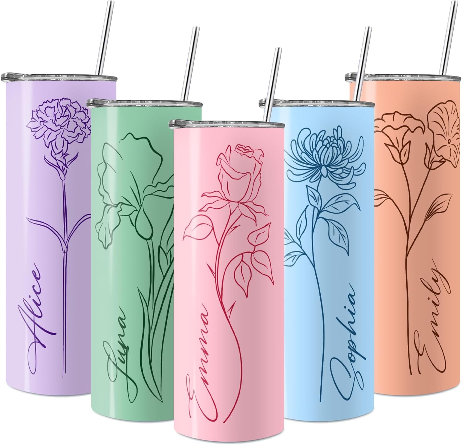 Vaso delgado personalizado con nombre de flor de nacimiento, regalos personalizados para mujeres, novia, mamá, vaso de viaje de acero inoxidable de