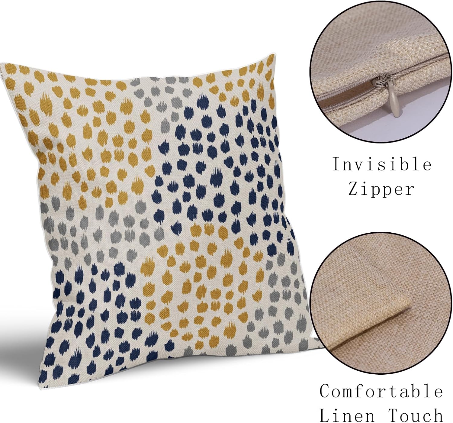 Juego de 2 fundas de almohada azules y amarillas de 18 x 18 pulgadas, diseño bohemio, diseño de lunares grises, arte moderno, estampado moderno,