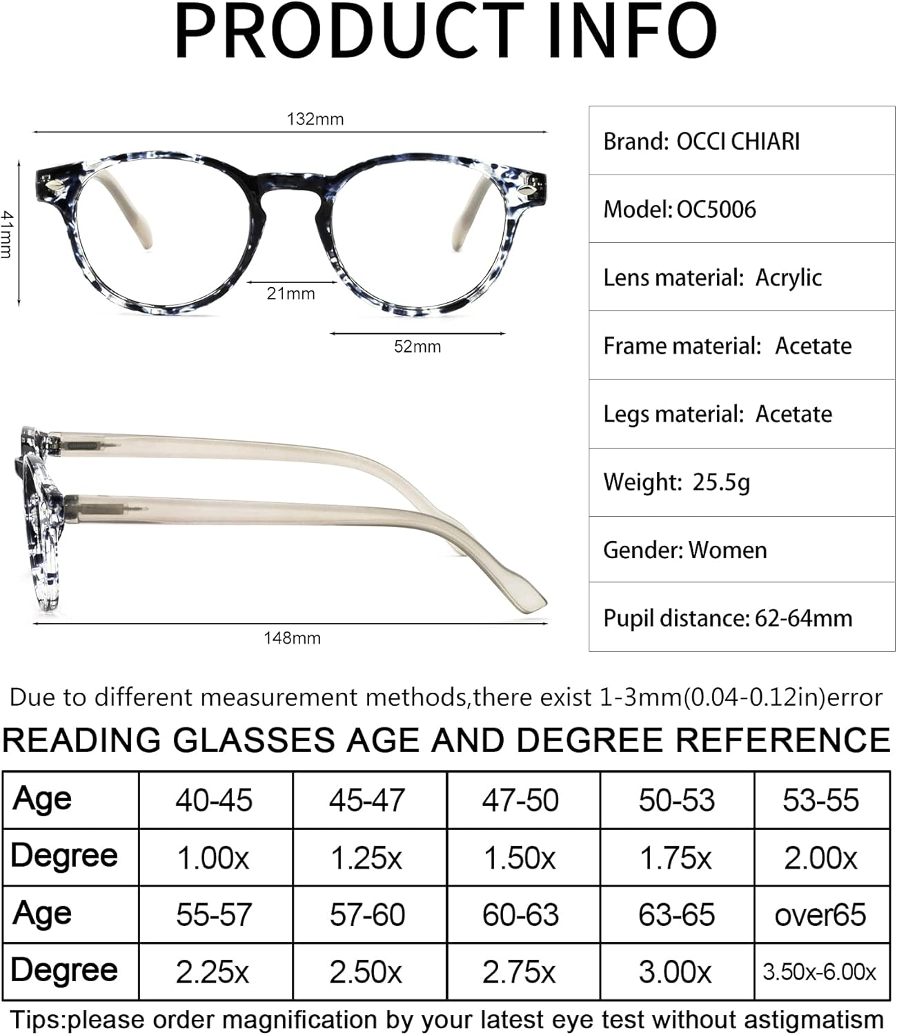 OCCI CHIARI – Anteojos de lectura duraderos para mujer ( 0 1.0 1.25 1.5 1.75 2.0 2.5 a 4.0 5.0 6.0, Negro