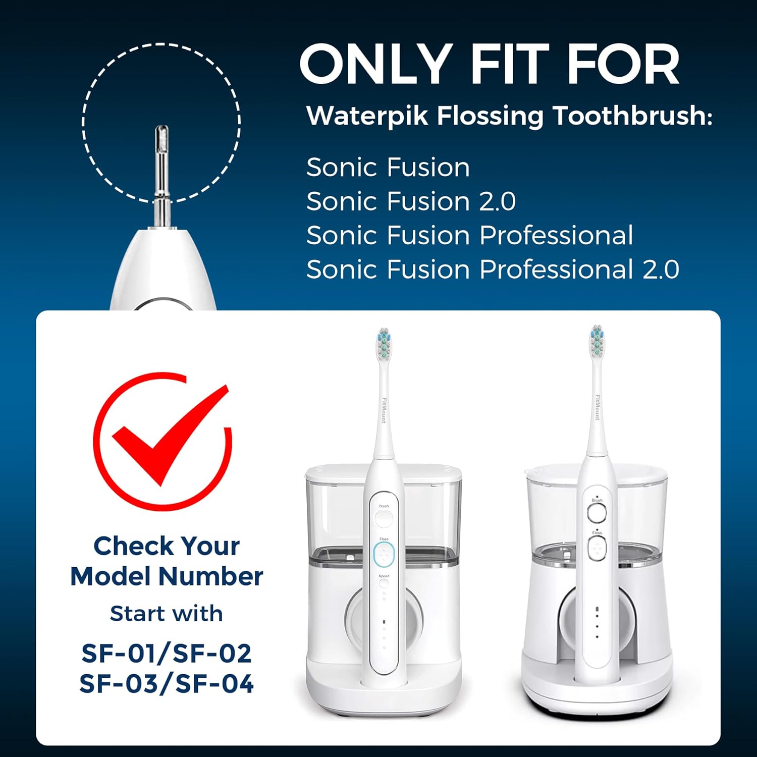 Paquete de 6 cabezales de repuesto para cepillo de dientes compatibles con WaterPik Sonic Fusion 2.0, cabezal de cepillo de hilo dental FitMount